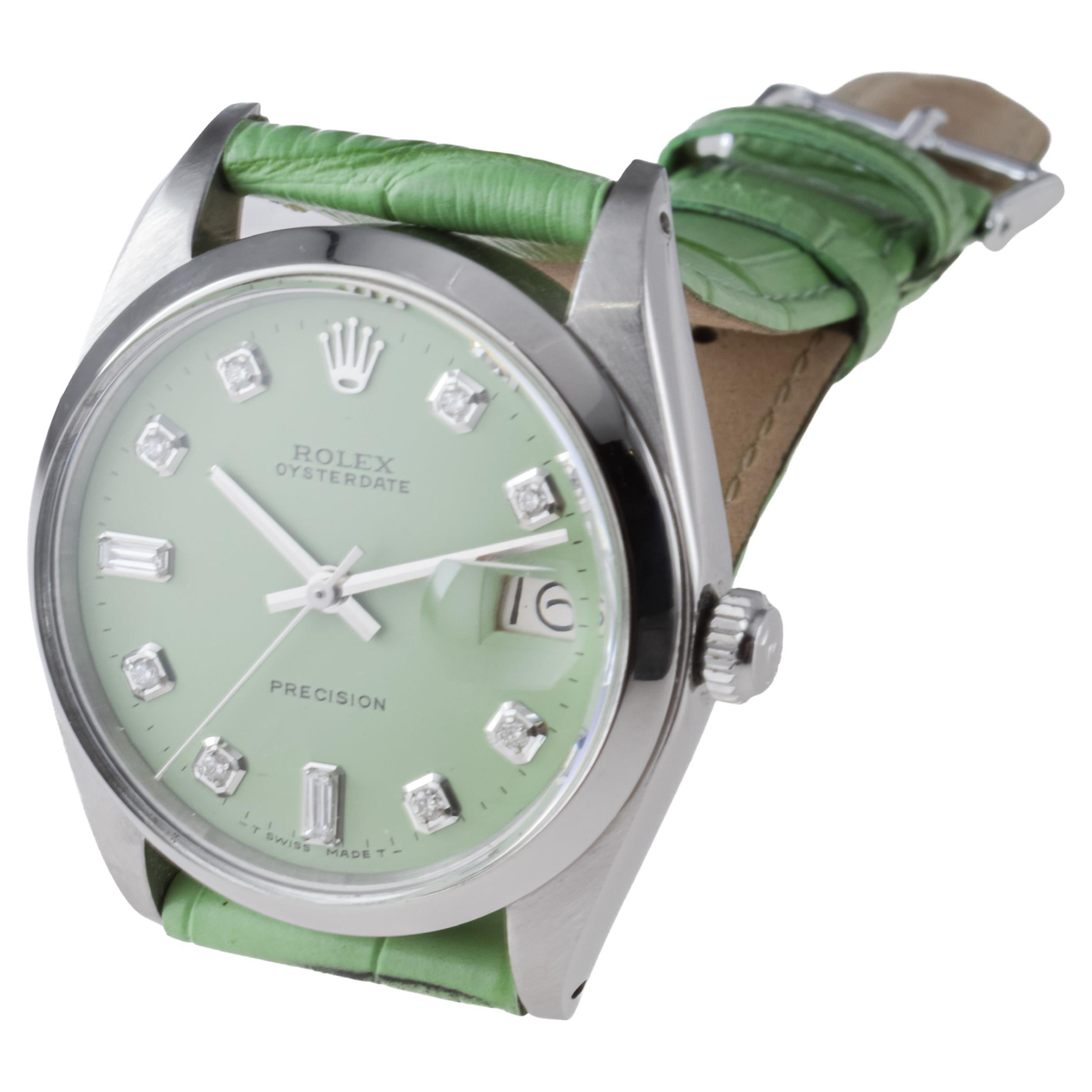 Rolex Steel Oysterdate with Custom Pistachio Green Dial and Diamond Markers For Sale 4