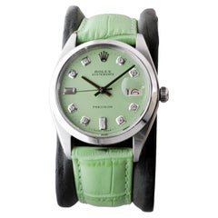 Rolex Stahl Oysterdate mit maßgefertigtem Pistachiogrünem Zifferblatt und Diamantmarkierungen aus Stahl