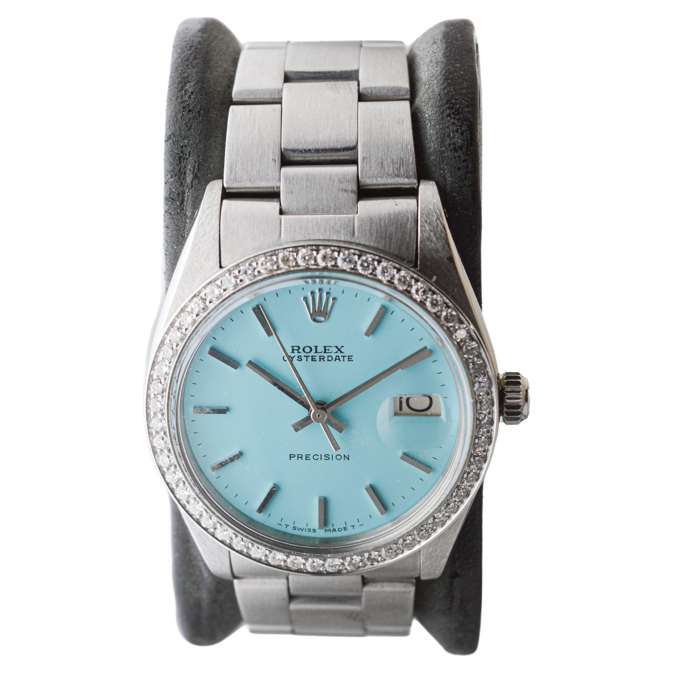 Modern Rolex Steel Oysterdate with Custom Tiffany Blue Dial and Diamond Bezel 1970's For Sale