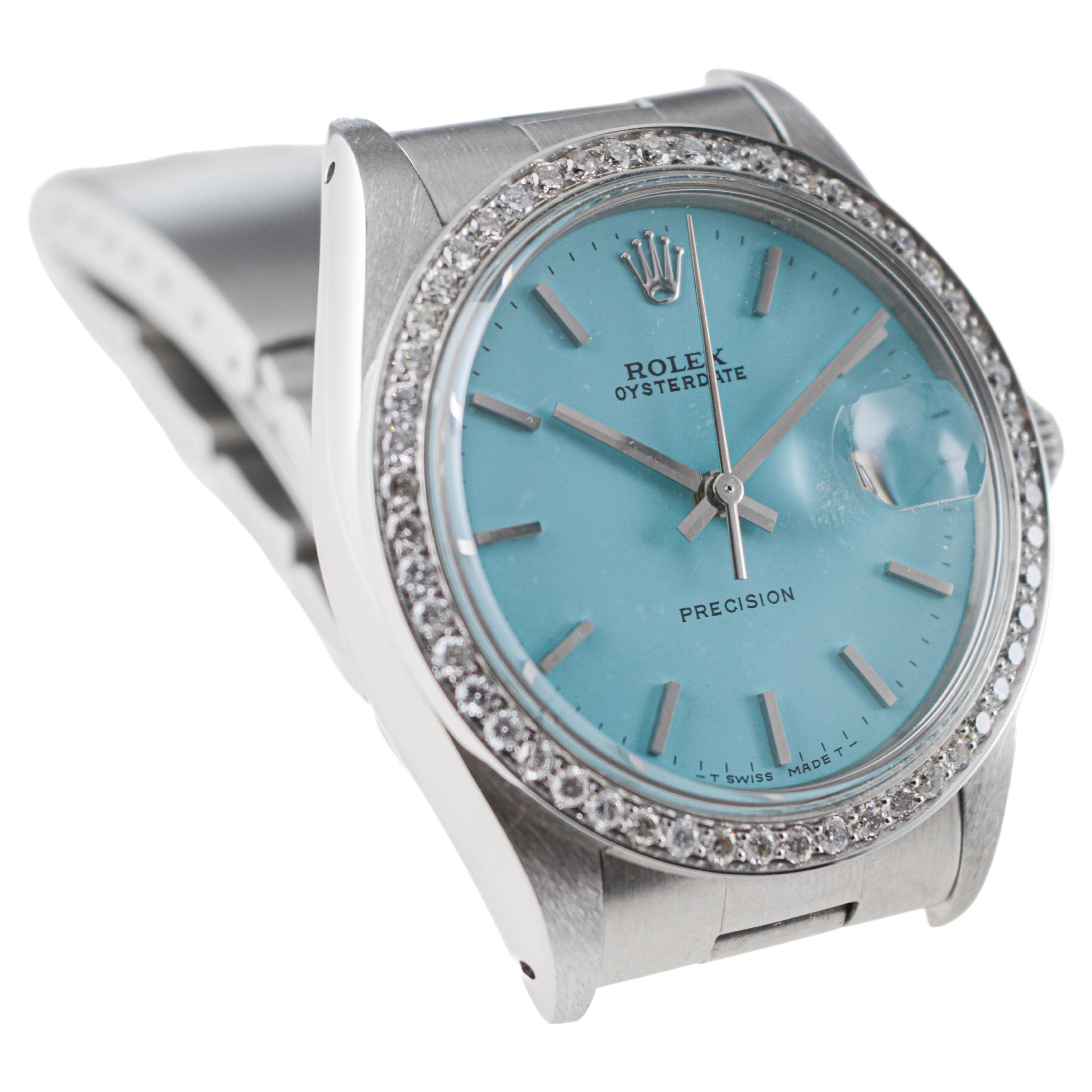 Women's or Men's Rolex Steel Oysterdate with Custom Tiffany Blue Dial and Diamond Bezel 1970's For Sale