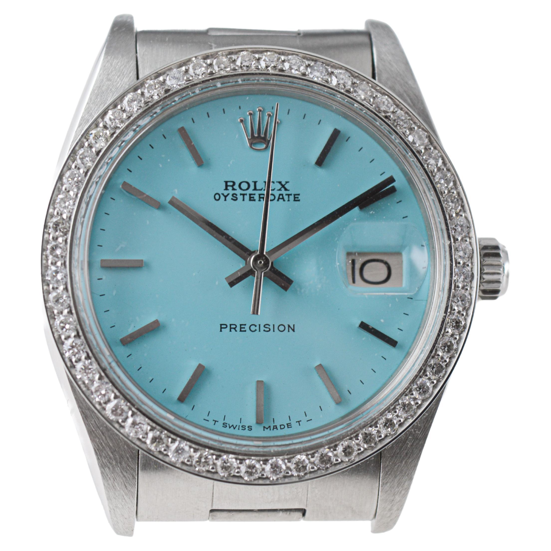 Rolex Steel Oysterdate with Custom Tiffany Blue Dial and Diamond Bezel 1970's For Sale 1