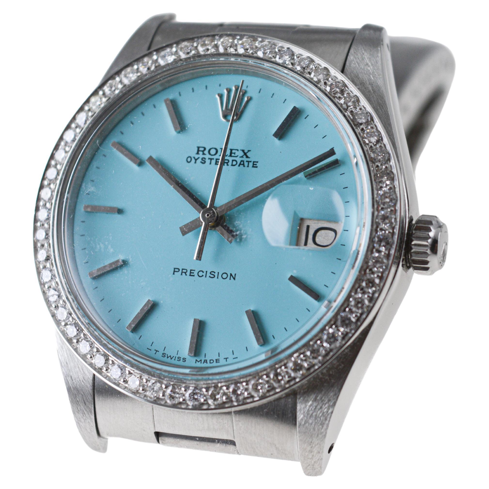 Rolex Steel Oysterdate with Custom Tiffany Blue Dial and Diamond Bezel 1970's For Sale 2