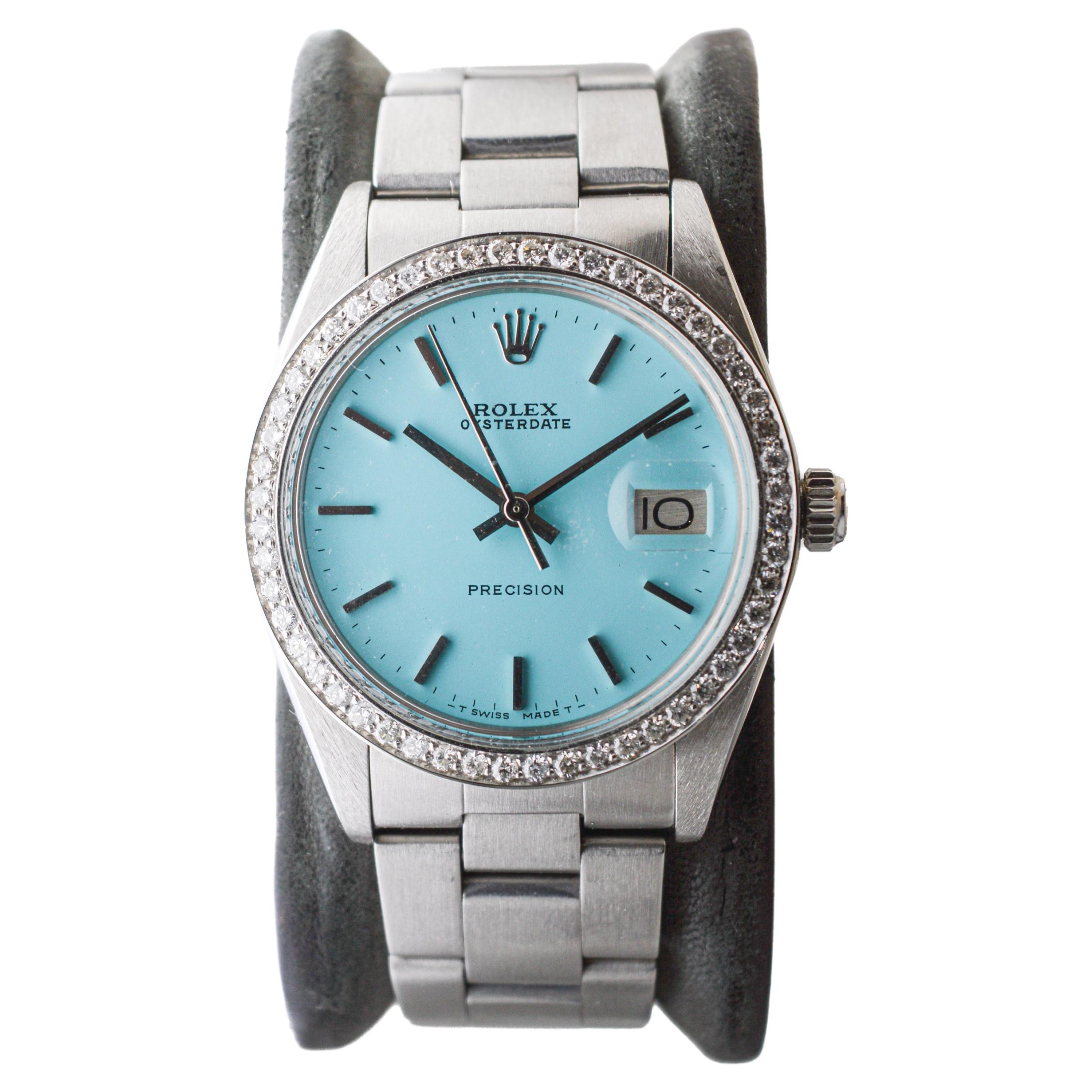 Rolex Steel Oysterdate with Custom Tiffany Blue Dial and Diamond Bezel 1970's For Sale