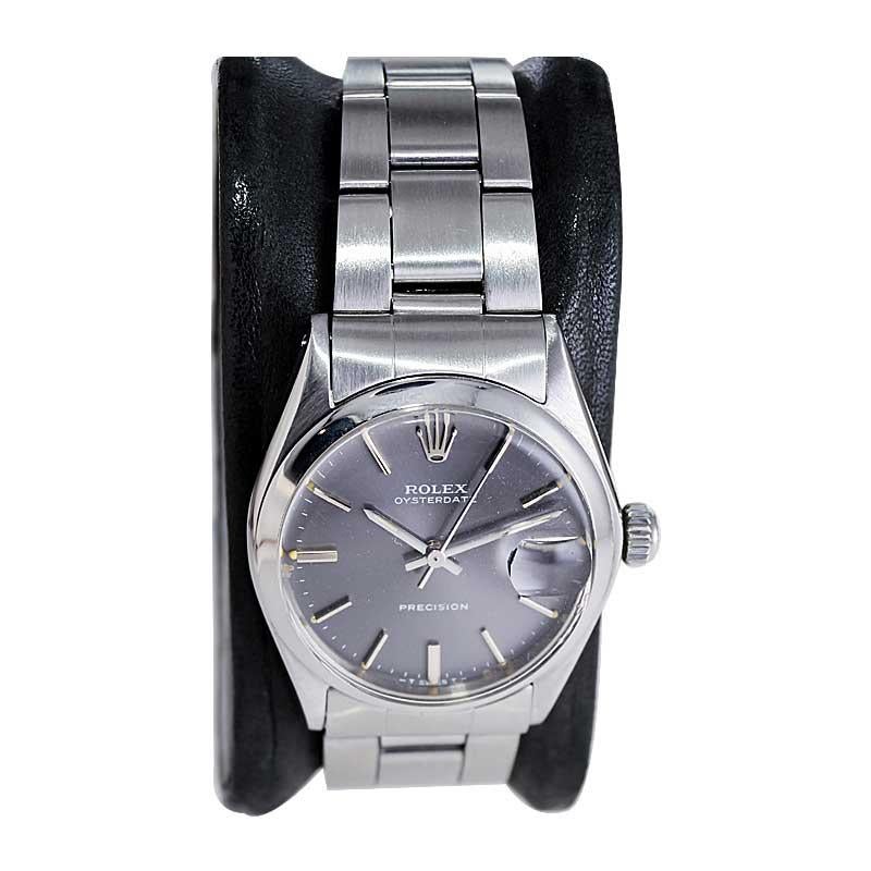 Modern Rolex Steel Ladies Oysterdate with Original Bracelet & Rare Charcoal Dial 1970's For Sale