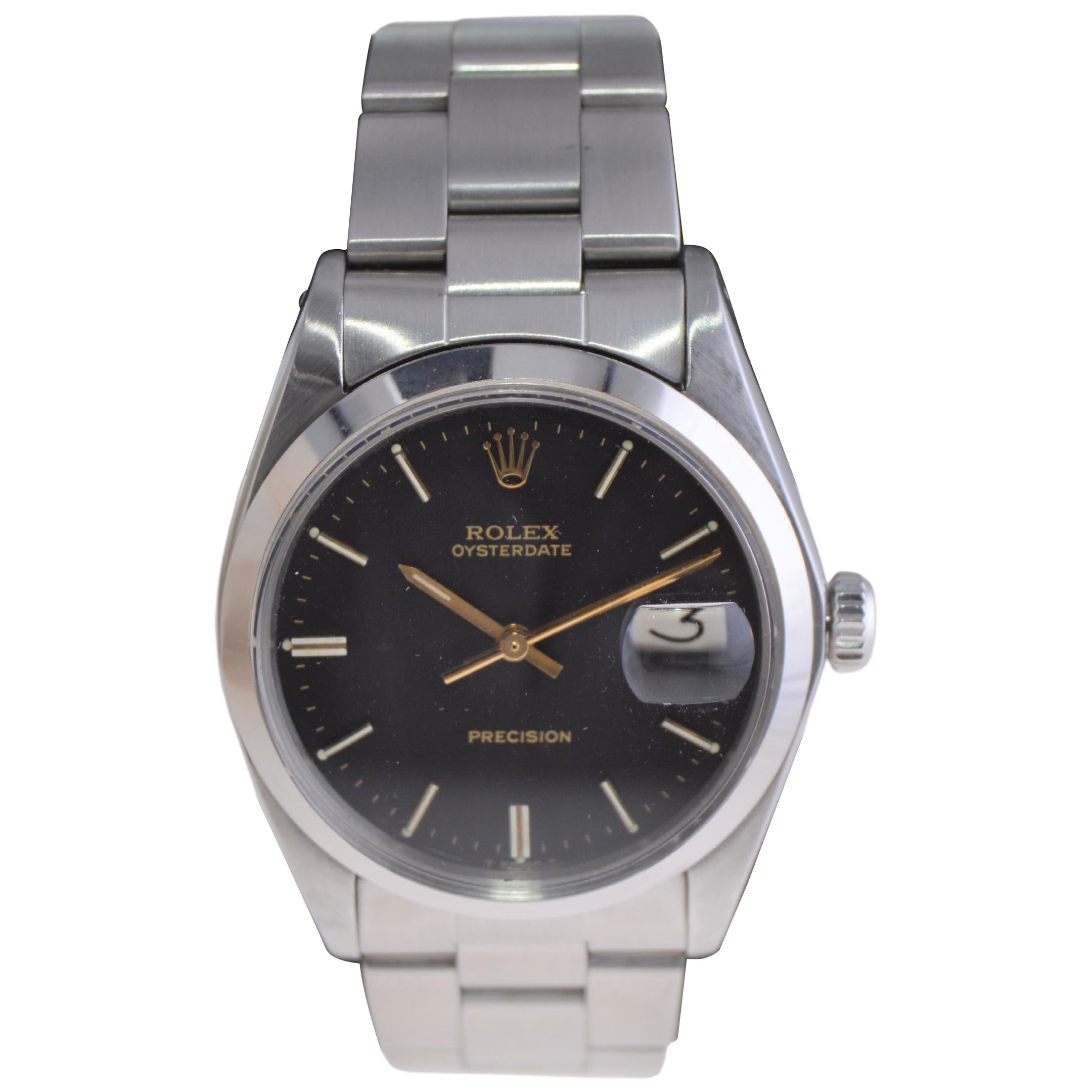 Rolex Oysterdate in acciaio con bracciale Oyster originale e raro quadrante nero, anni 70 in vendita