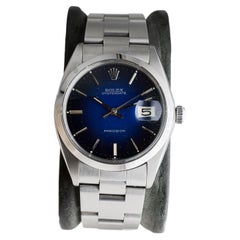 Rolex Stahl Oysterdate mit seltenem blauem „Vignette“-Zifferblatt aus Stahl 1960er Jahre