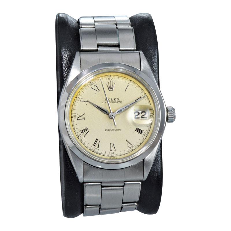 Art Deco Rolex Steel Oysterdate with Rare Original Dial and Riveted Bracelet, circa 1956 For Sale