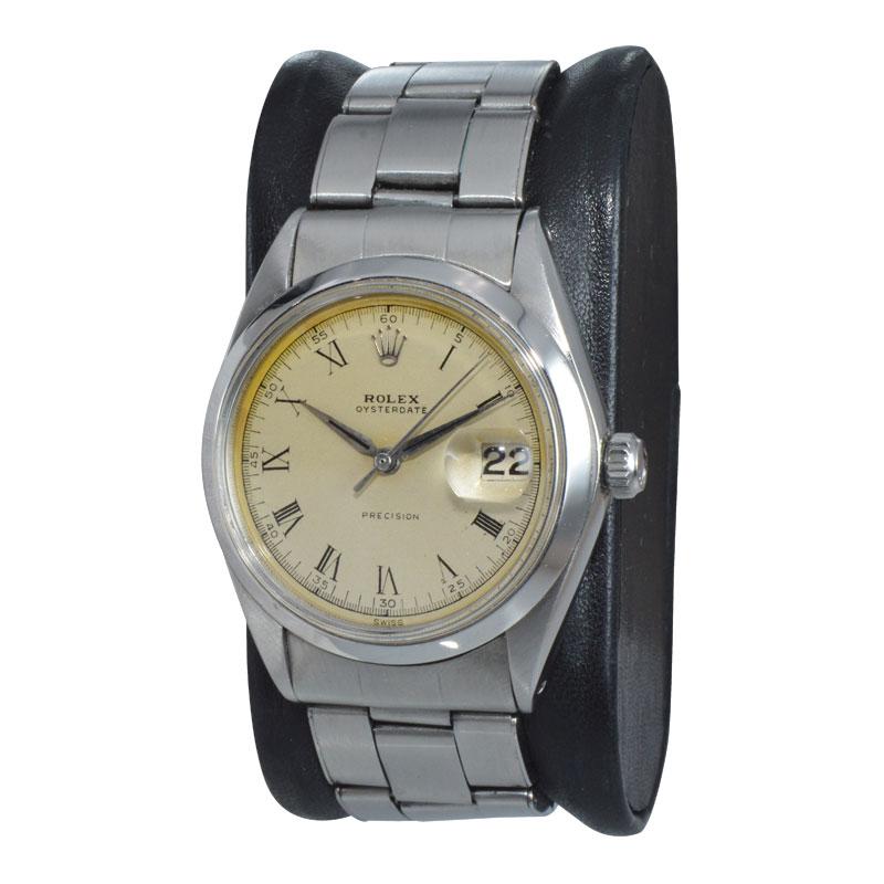 Women's or Men's Rolex Steel Oysterdate with Rare Original Dial and Riveted Bracelet, circa 1956 For Sale
