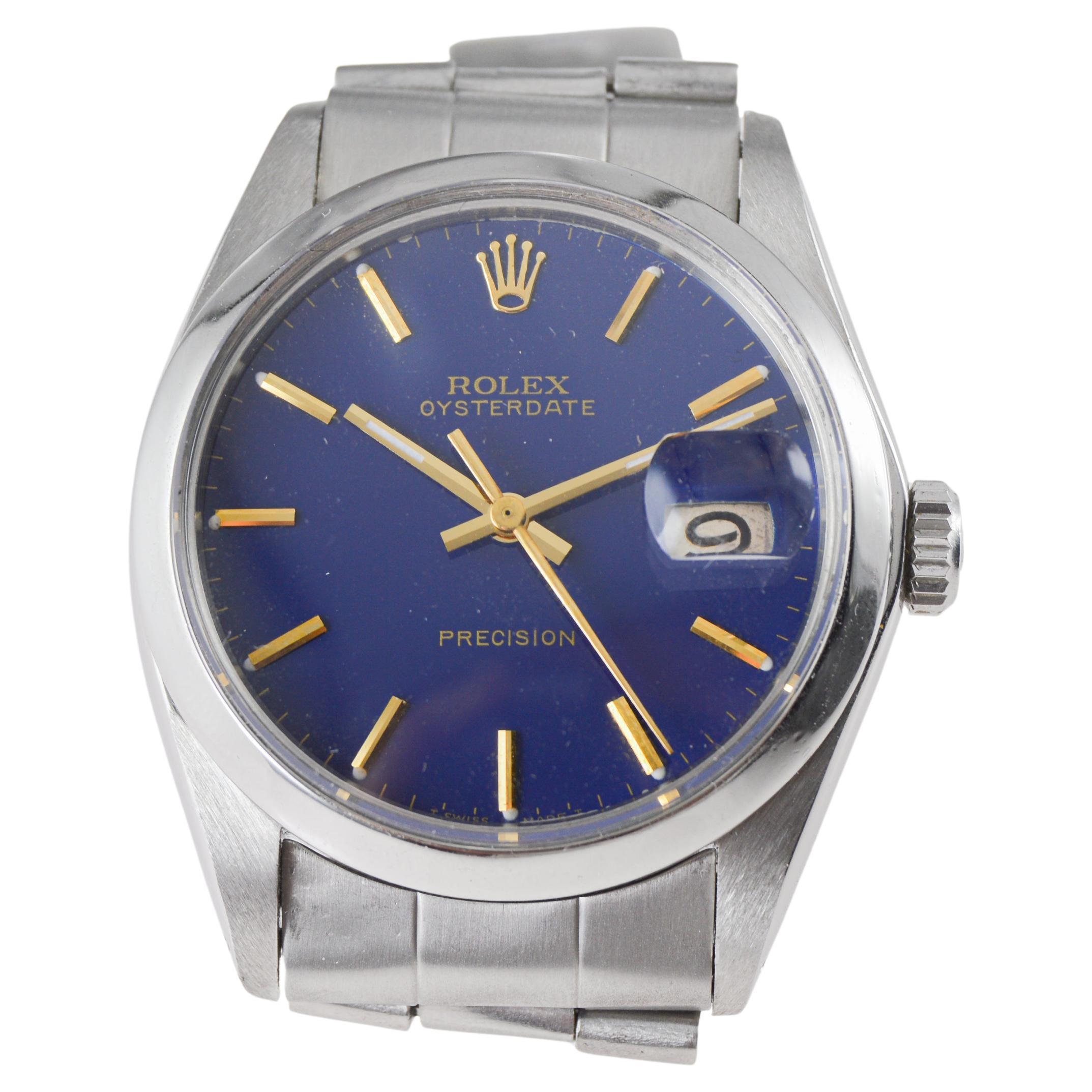 Rolex Steel Oysterdate with Unique Dark Blue Dial circa 1970's For Sale 5