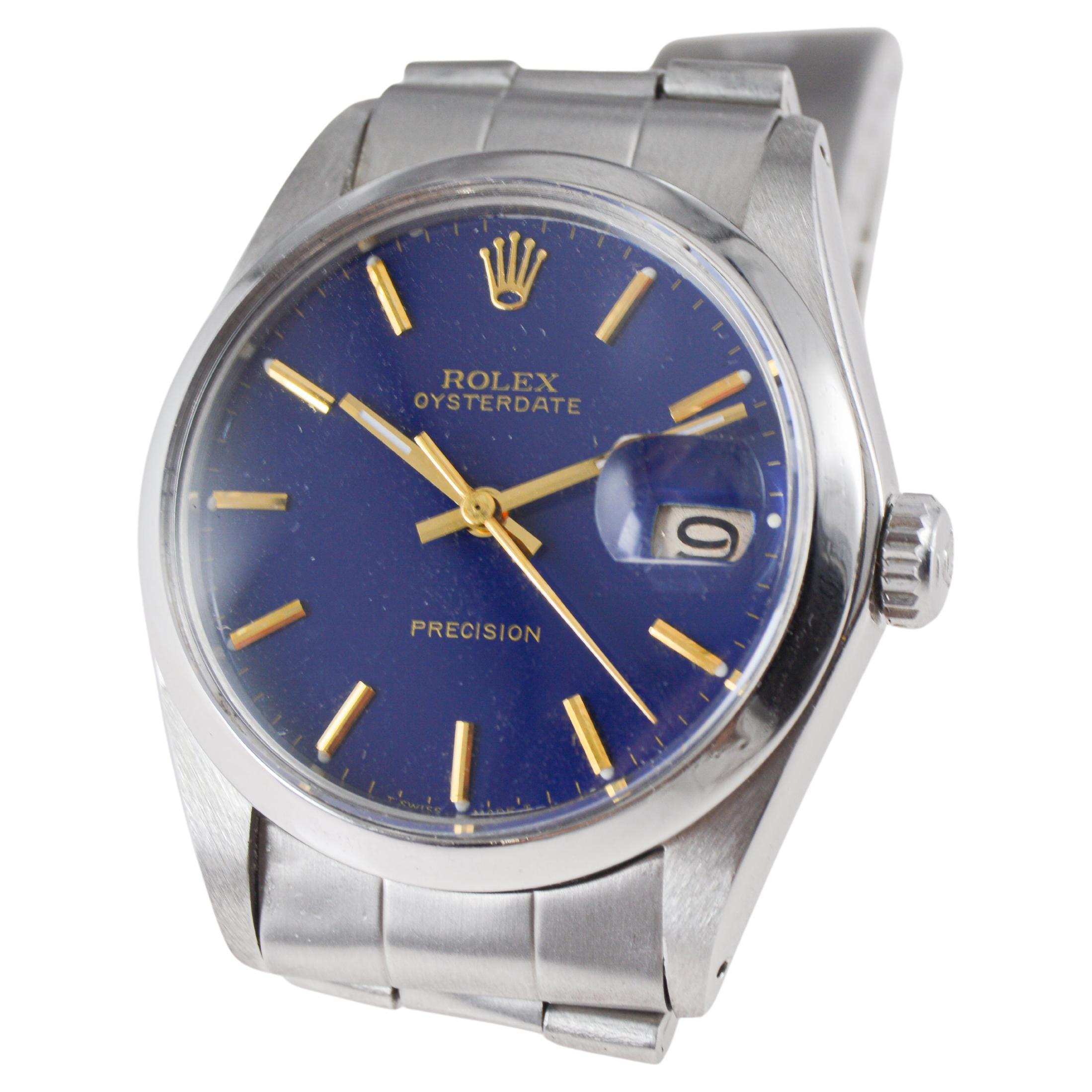 Rolex Steel Oysterdate with Unique Dark Blue Dial circa 1970's For Sale 6