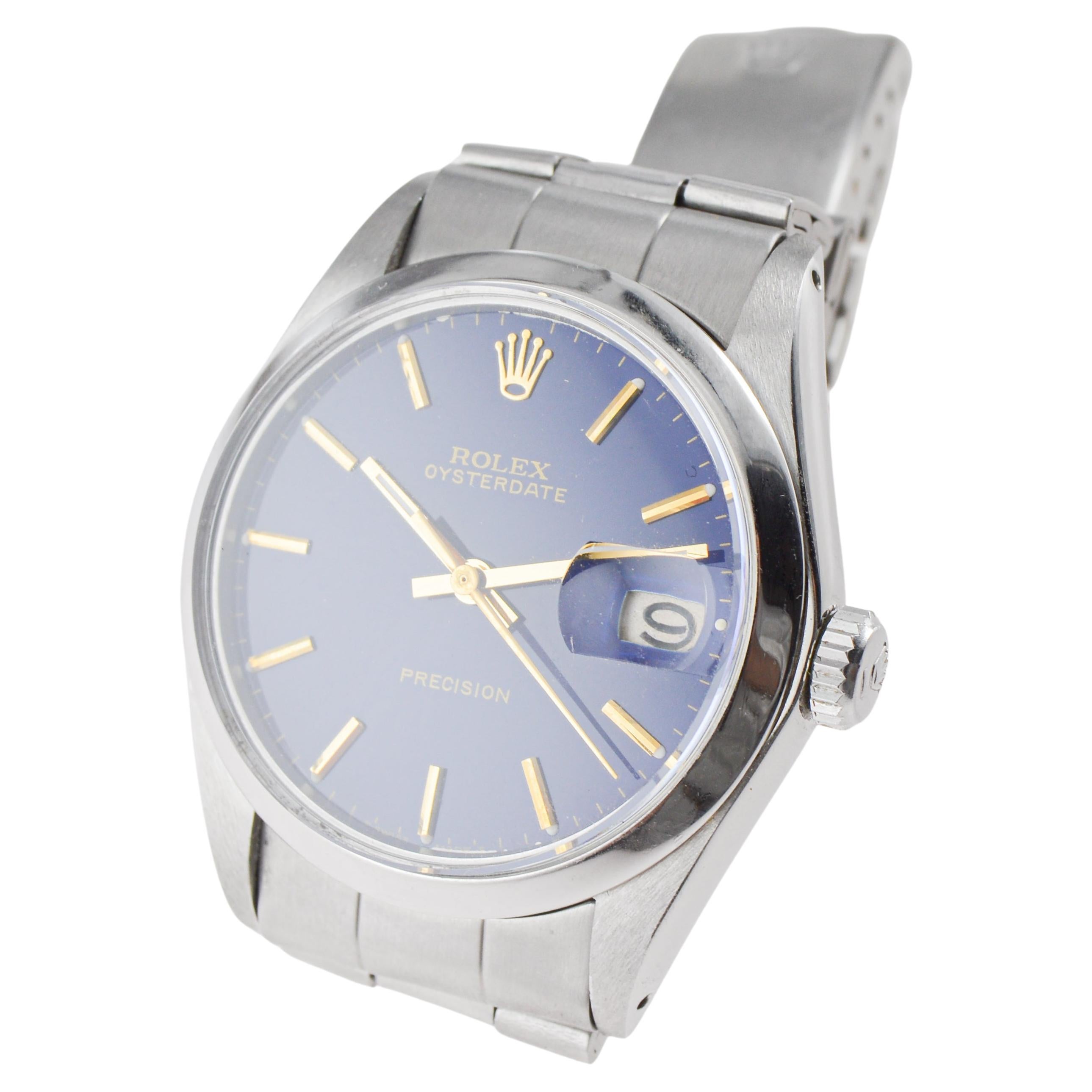 Rolex Steel Oysterdate with Unique Dark Blue Dial circa 1970's For Sale 7