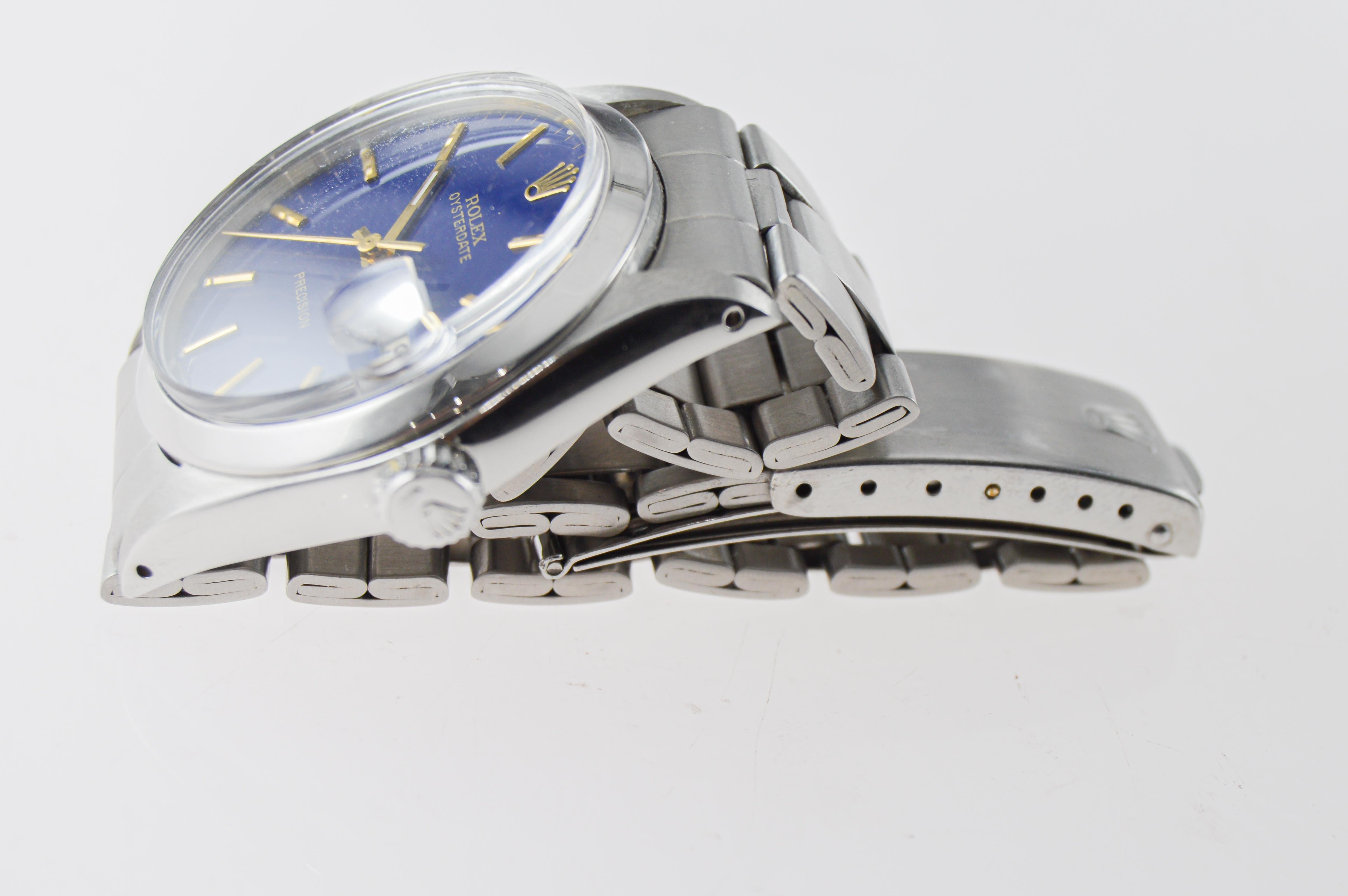 Rolex Steel Oysterdate with Unique Dark Blue Dial circa 1970's For Sale 8