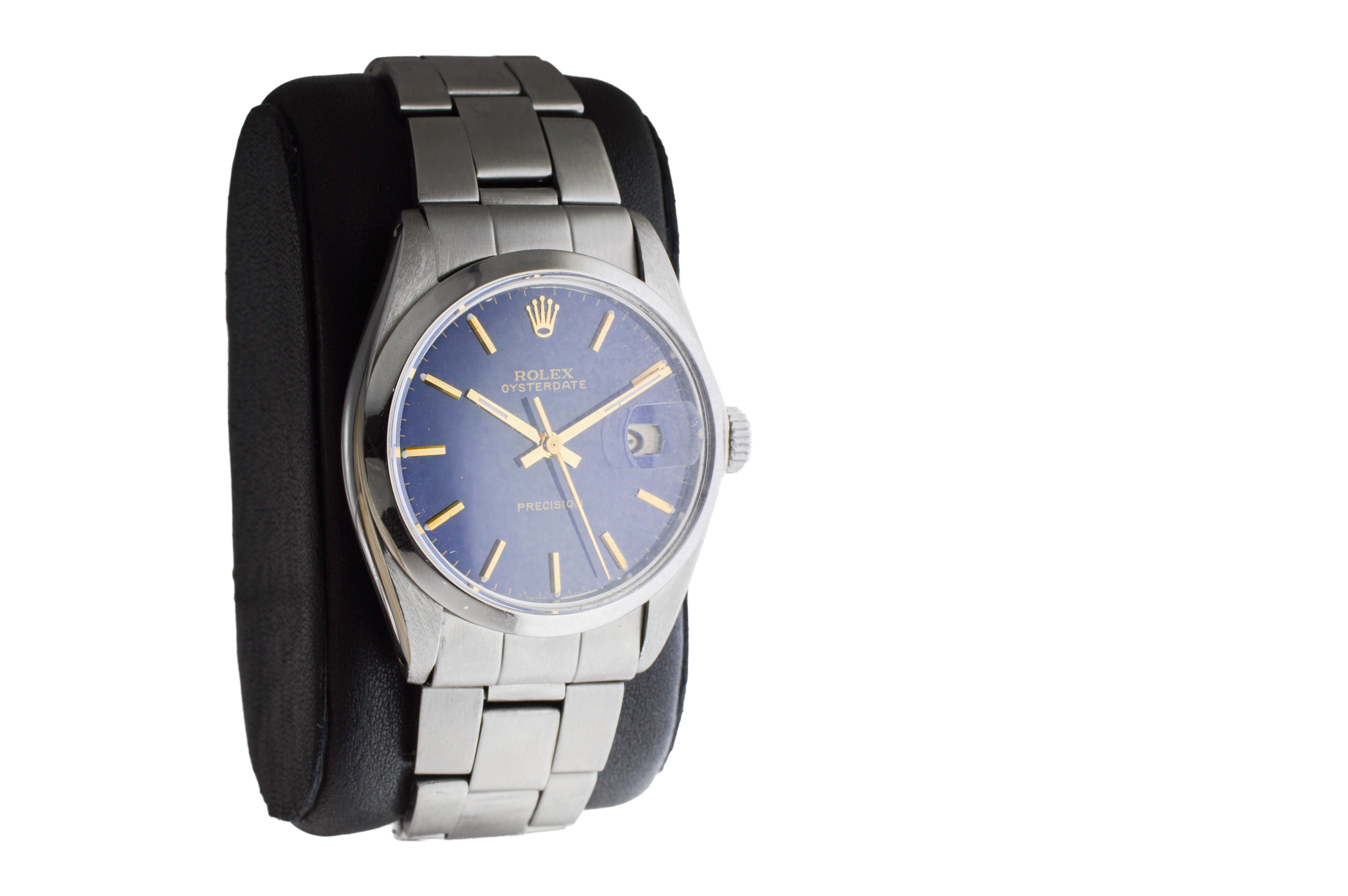 Modern Rolex Steel Oysterdate with Unique Dark Blue Dial circa 1970's For Sale