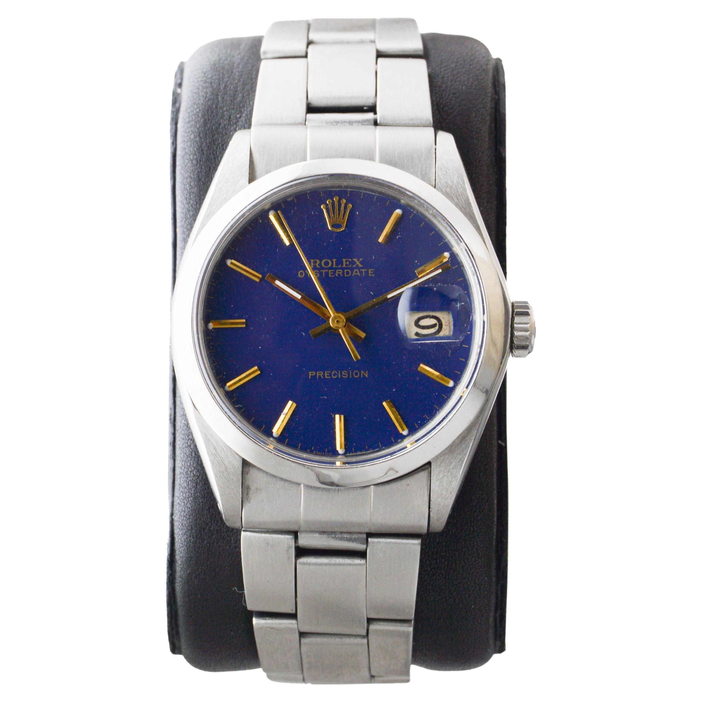Rolex Steel Oysterdate with Unique Dark Blue Dial circa 1970's In Excellent Condition For Sale In Long Beach, CA