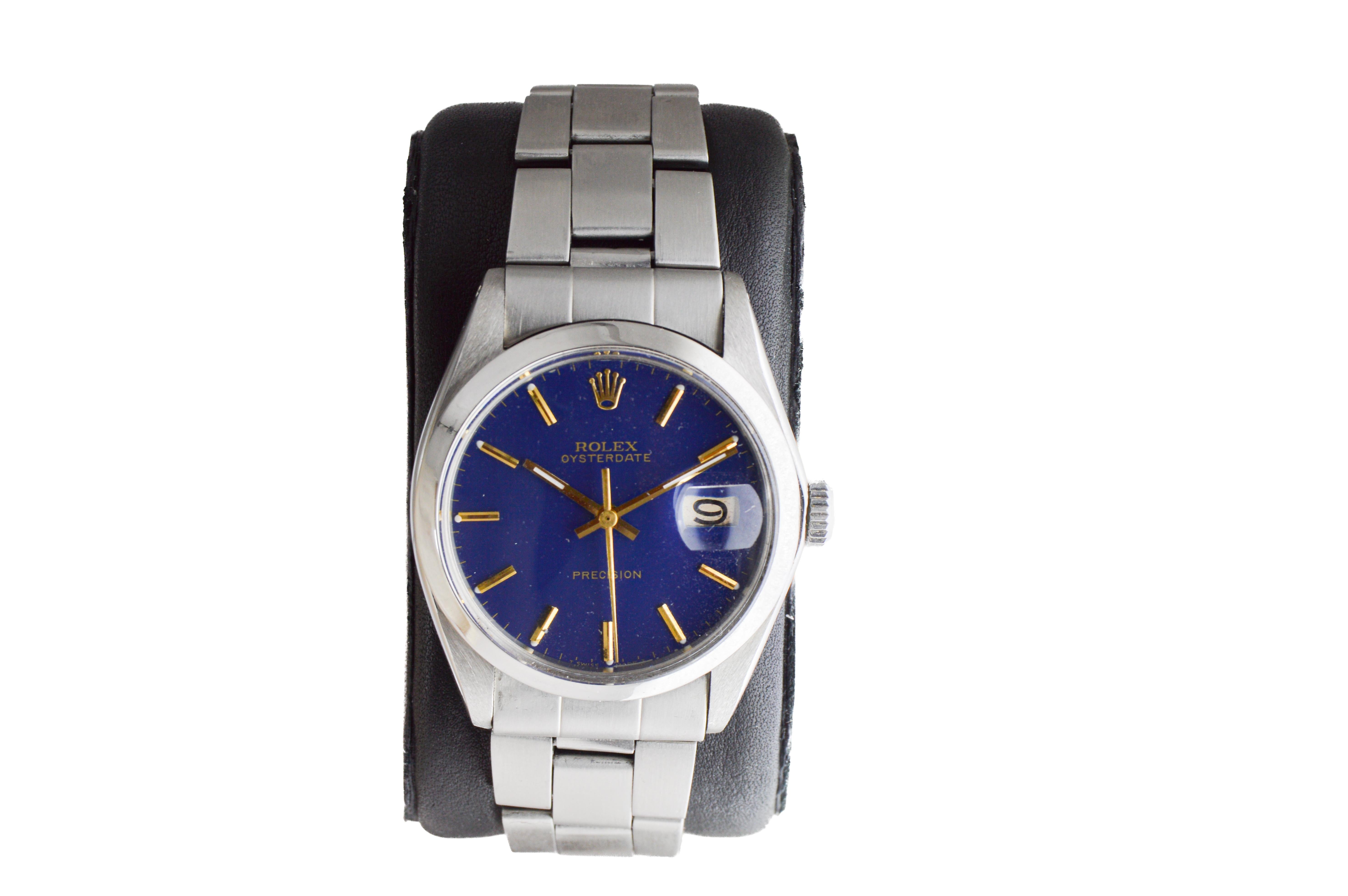 Women's or Men's Rolex Steel Oysterdate with Unique Dark Blue Dial circa 1970's For Sale