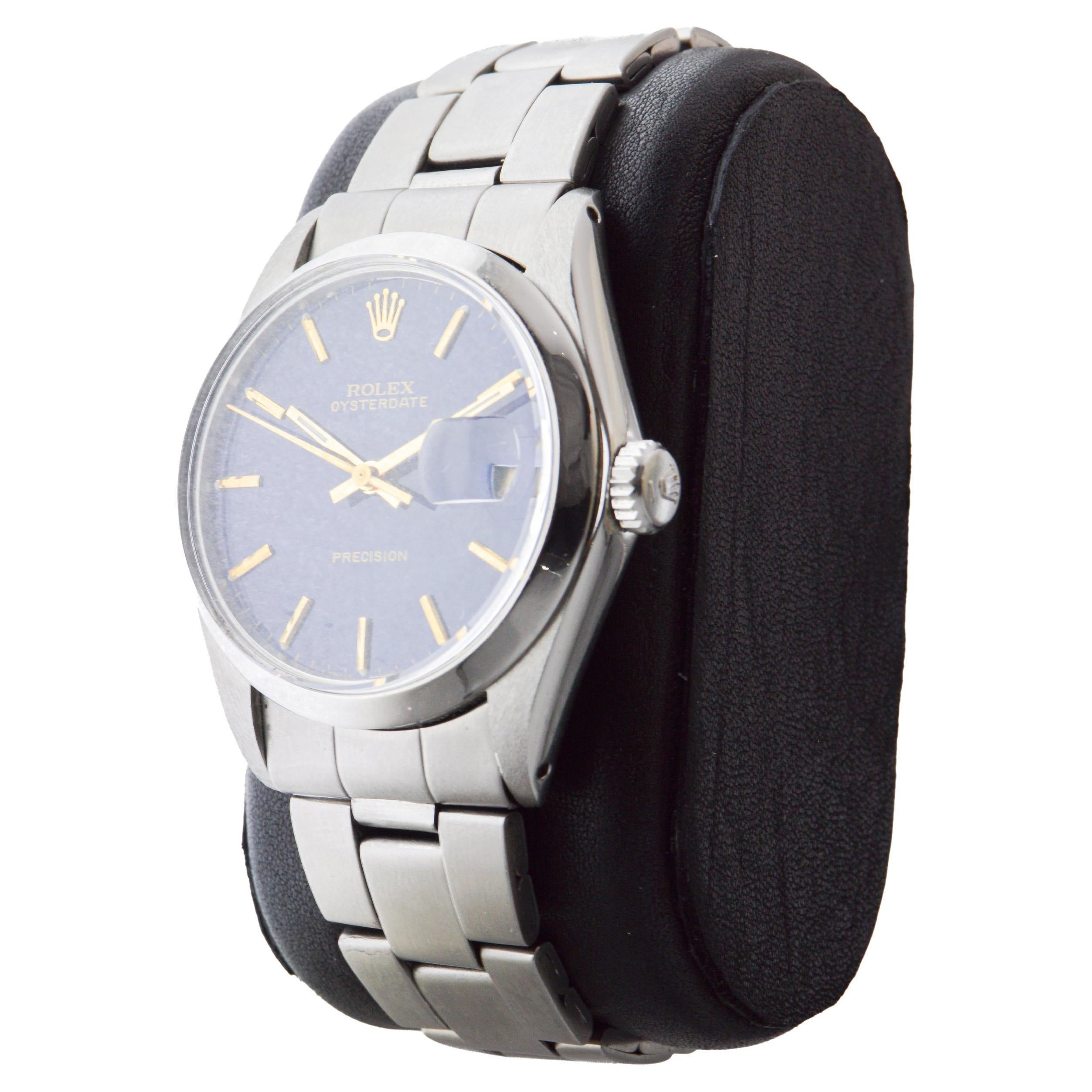Rolex Steel Oysterdate with Unique Dark Blue Dial circa 1970's For Sale 1