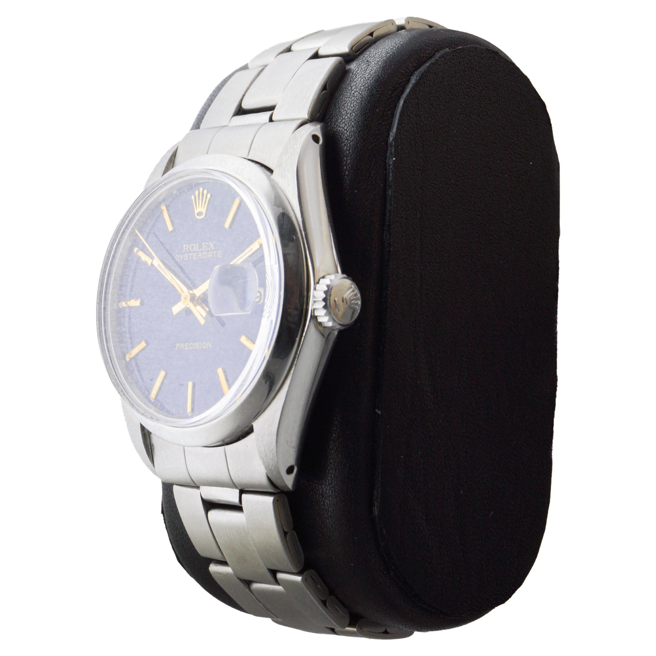 Rolex Steel Oysterdate with Unique Dark Blue Dial circa 1970's For Sale 2