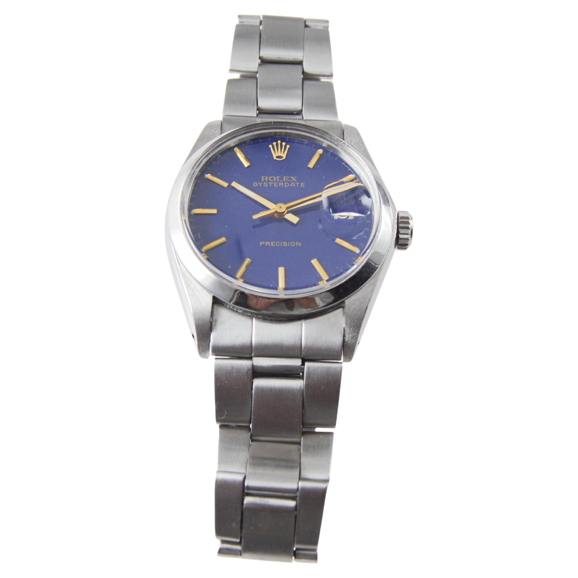 Rolex Steel Oysterdate with Unique Dark Blue Dial circa 1970's For Sale 3