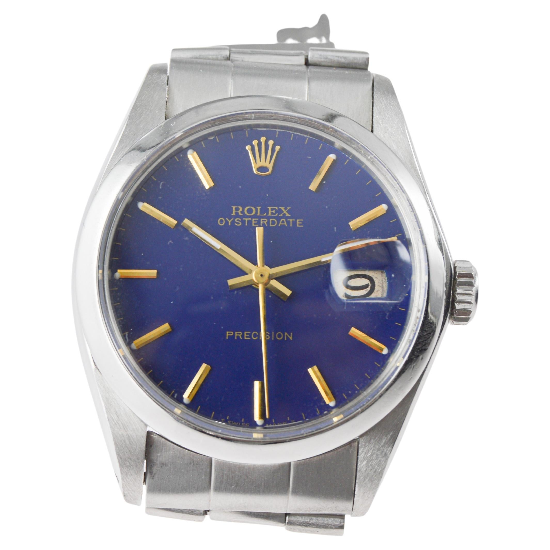 Rolex Steel Oysterdate with Unique Dark Blue Dial circa 1970's For Sale 4