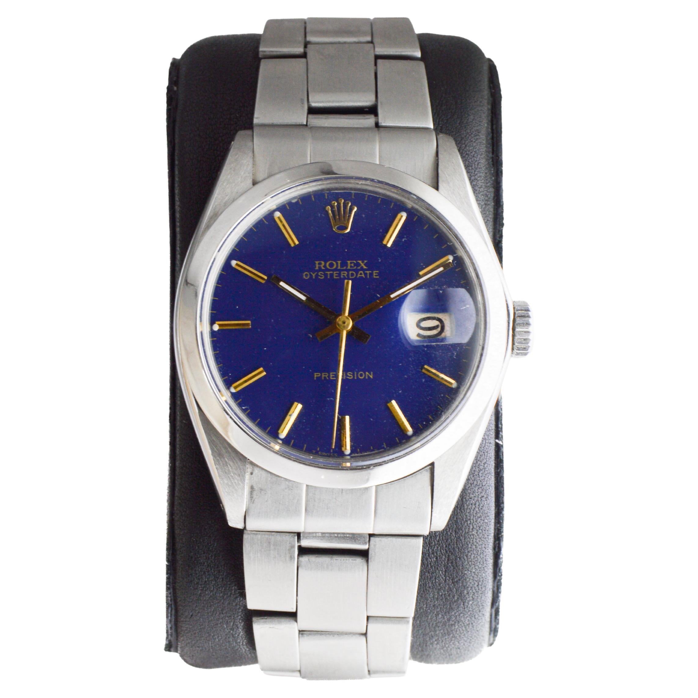 Rolex Steel Oysterdate with Unique Dark Blue Dial circa 1970
s For Sale