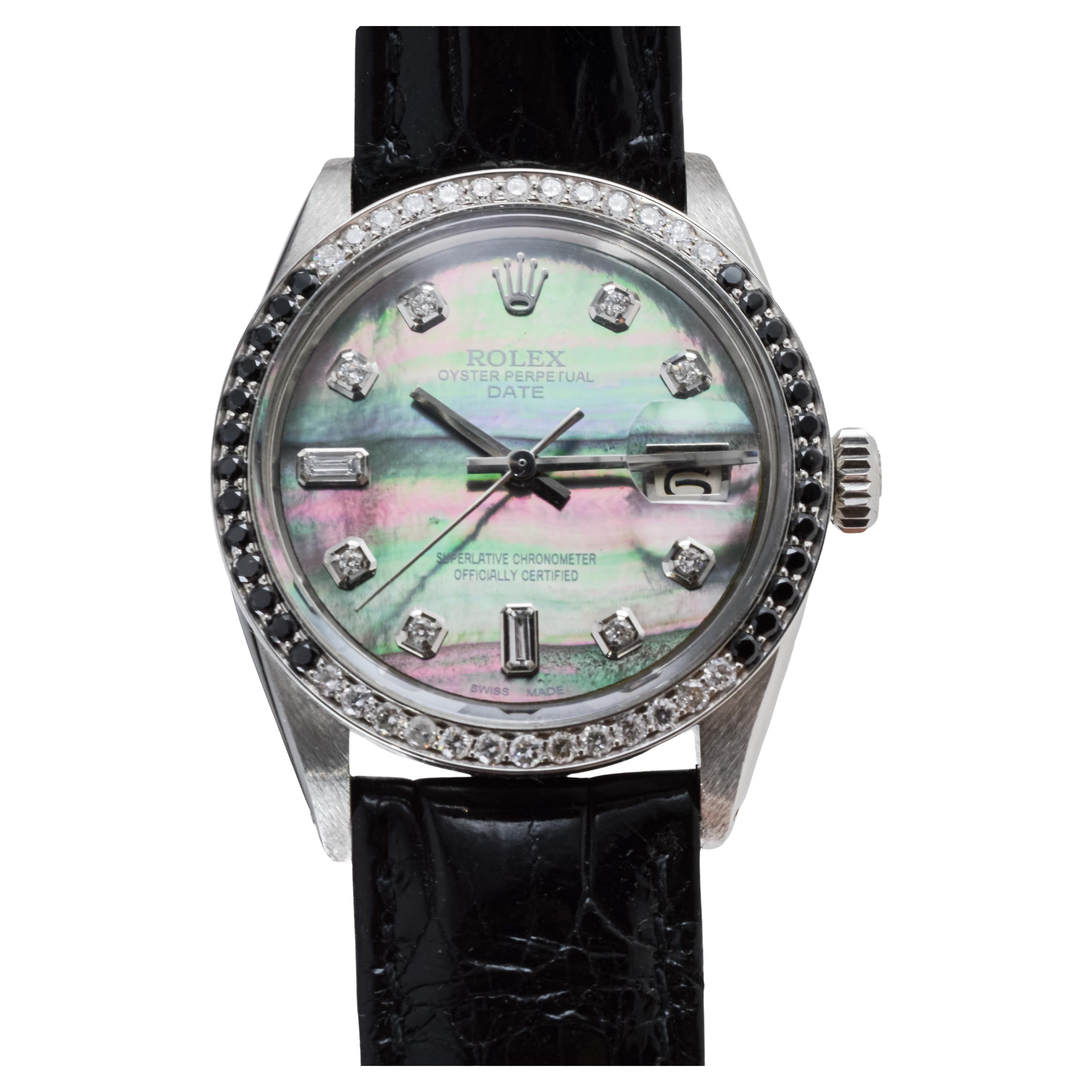 Rolex Steel Perpetual Date avec cadran personnalisé en nacre et lunette personnalisée en vente 3