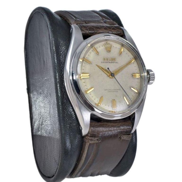 FACTORY / HOUSE: Rolex Watch Company
STYLE / REFERENCE:  Oyster Perpetual / Reference 6586
METAL / MATERIAL: Stainless Steel
CIRCA / YEAR: First Quarter 1955
DIMENSIONS / SIZE: Length 42mm X Diameter 35mm
MOVEMENT / CALIBER: Perpetual Winding / 25