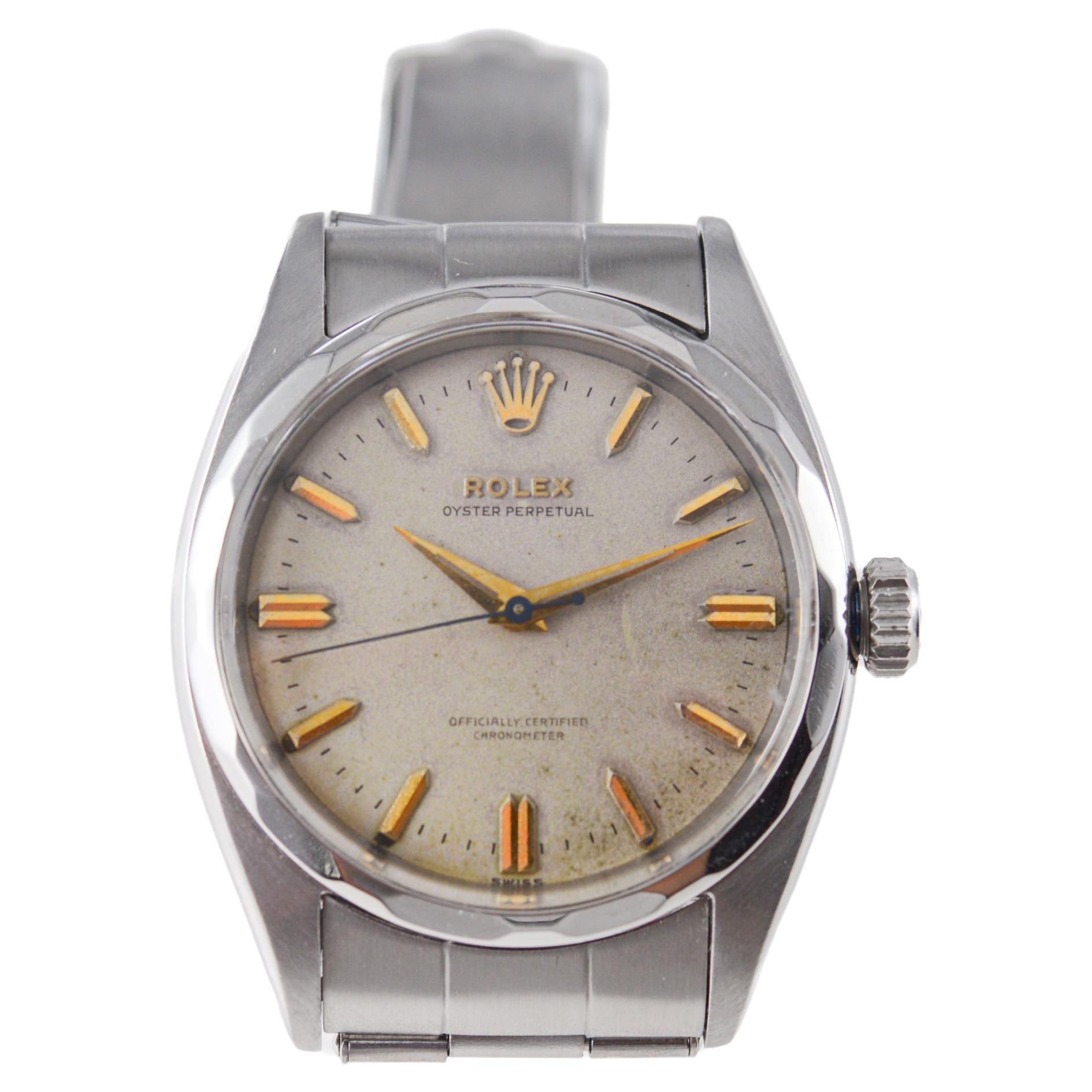 Rolex Steel Perpetual with Original Dial and Rare Multi Faceted Bezel from 1955 In Excellent Condition In Long Beach, CA