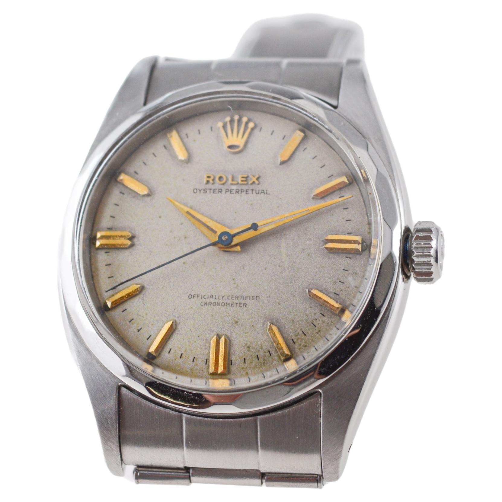 Women's or Men's Rolex Steel Perpetual with Original Dial and Rare Multi Faceted Bezel from 1955