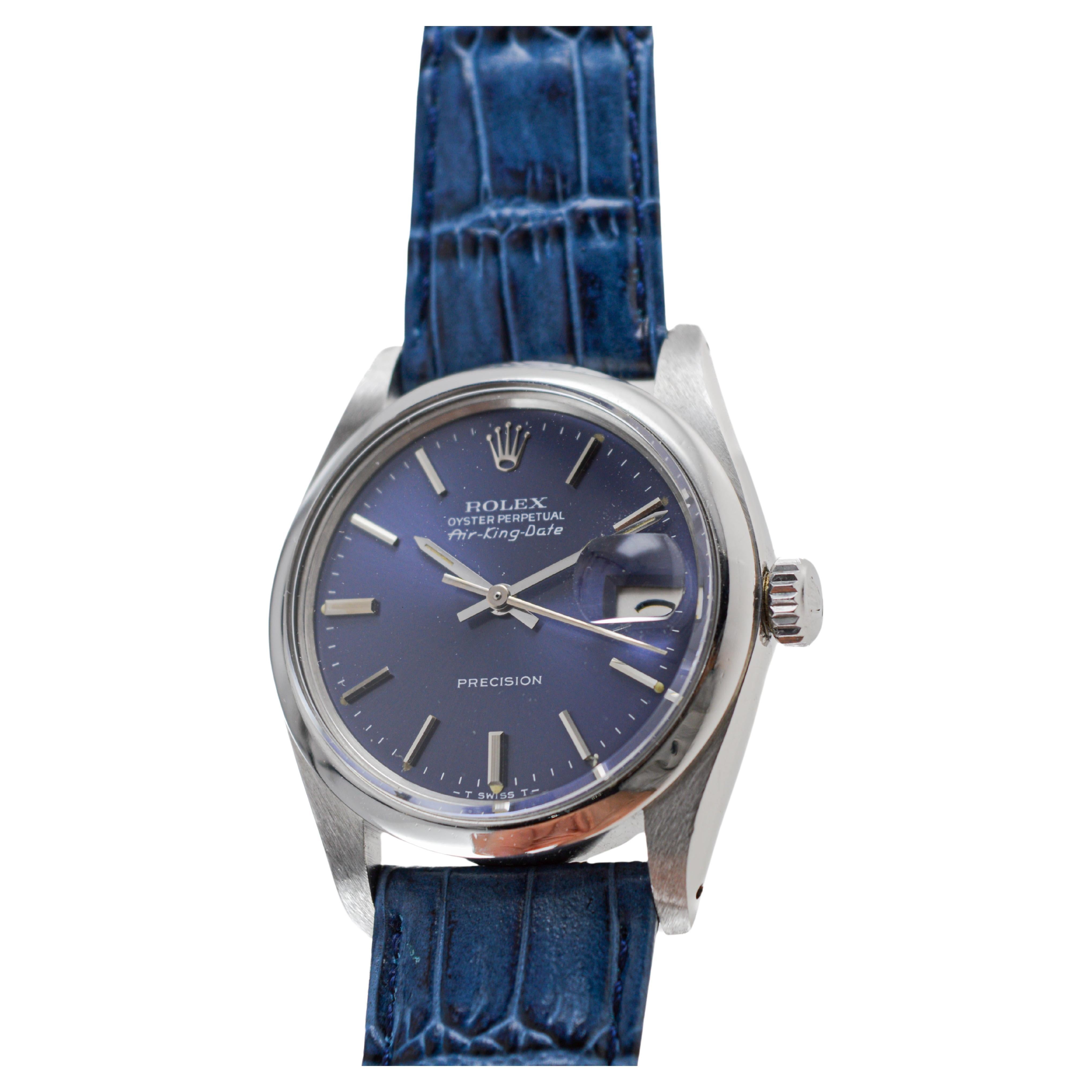 Modernist Rolex Steel Rare Air-King Date Model with Original Blue Dial From 1981  For Sale