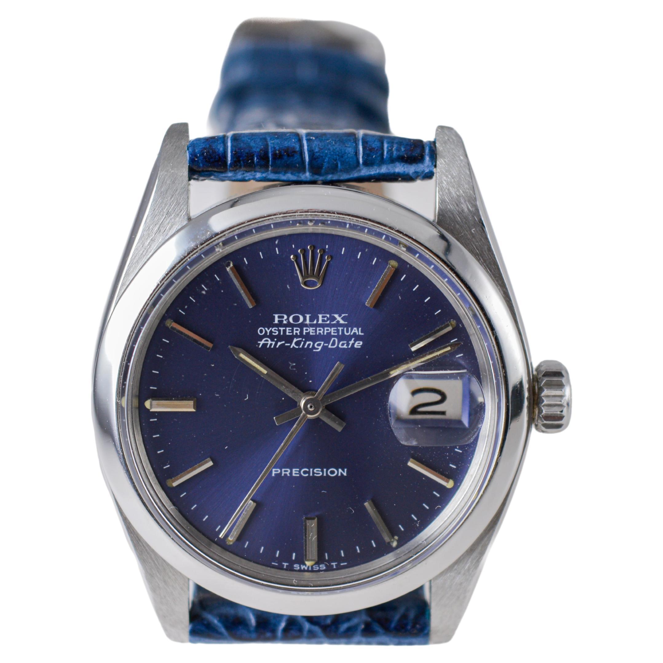 Women's or Men's Rolex Steel Rare Air-King Date Model with Original Blue Dial From 1981  For Sale