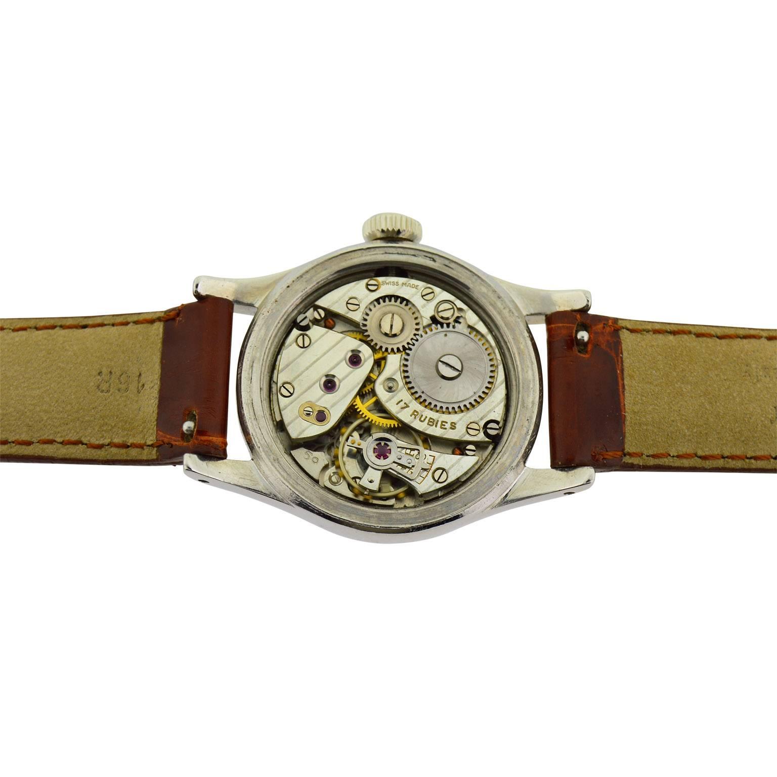 FACTORY / HOUSE: Tudor by Rolex
STYLE / REFERENCE: Oyster / Commander
METAL / MATERIAL: Stainless Steel 
CIRCA: 1940's
DIMENSIONS:  39mm X 30mm
MOVEMENT / CALIBER: Manual Winding / 17 Jewels 
DIAL / HANDS: Original Silvered Patinated with Luminous