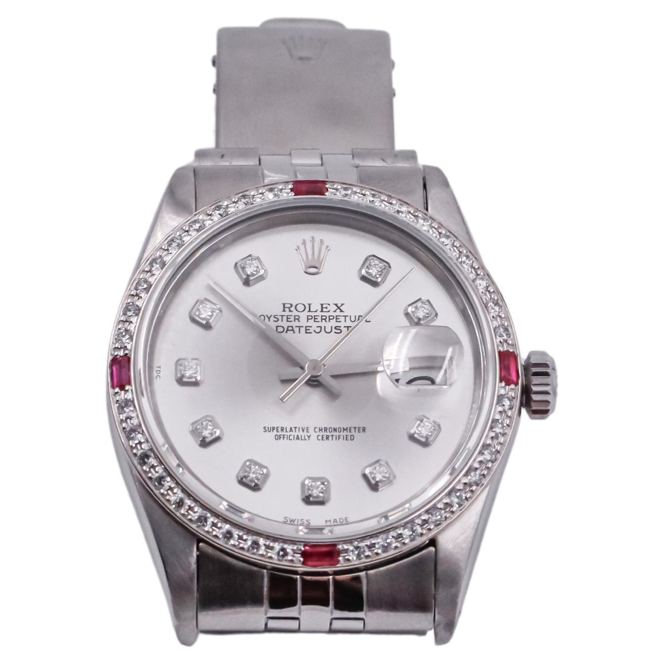 Rolex Steel with Custom Gold Diamond and Ruby Bezel from 1986 Quickset Calendar In Excellent Condition In Long Beach, CA