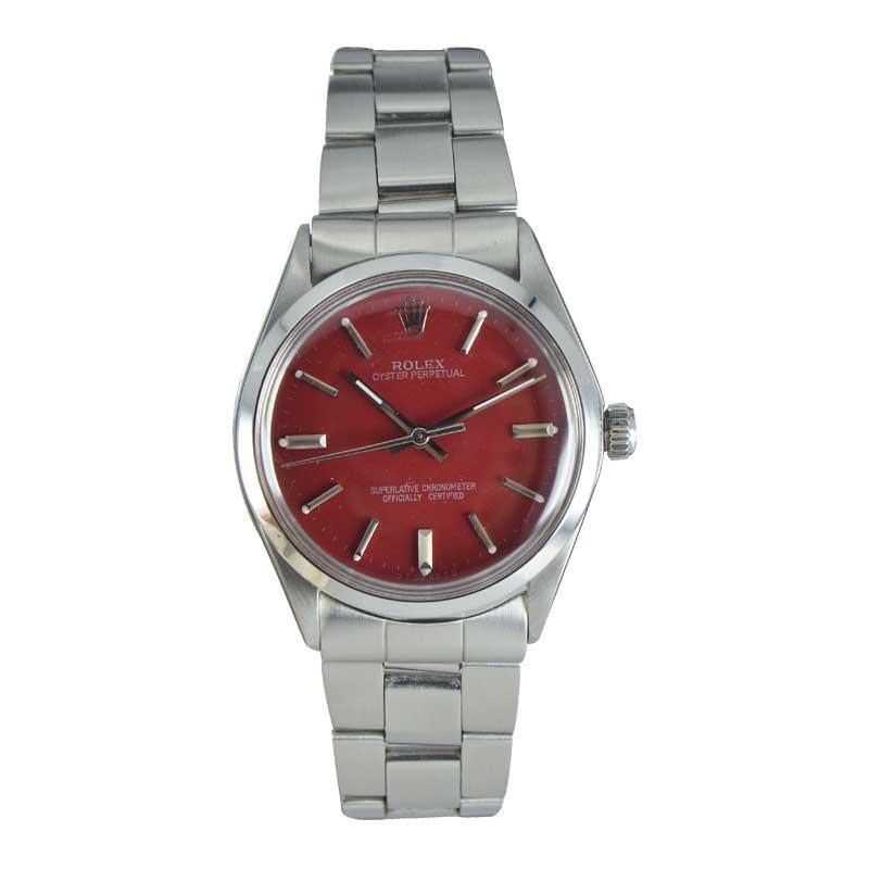 FACTORY / HOUSE: Rolex Watch Company
STYLE / REFERENCE: Oyster Perpetual / Reference 1002
METAL / MATERIAL: Stainless Steel
CIRCA / YEAR: Mid 1970's
DIMENSIONS / SIZE: Length 39mm x Diameter 34mm
MOVEMENT / CALIBER: Manual Winding / Jewels / Caliber