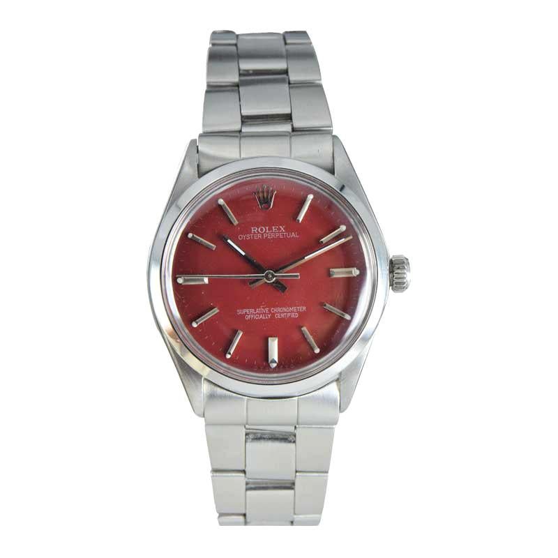 Rolex Steel with Custom Red Dial and Original Oyster Bracelet, Mid 1970's For Sale