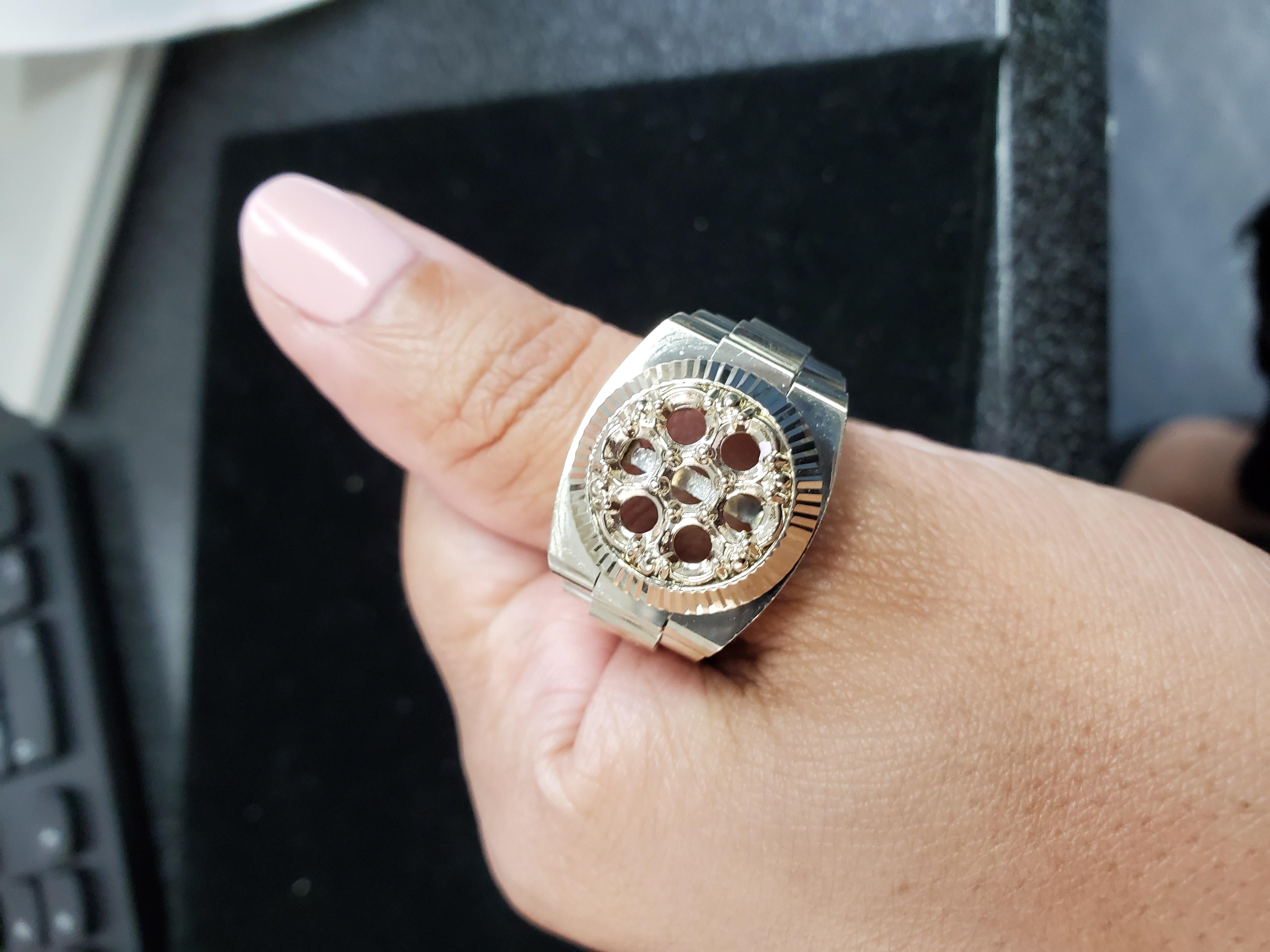 Round Cut Rolex Style Presidential Diamond Mens Ring 14k White Gold