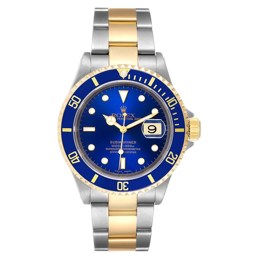 Rolex Submarine Blue Dial Steel Yellow Gold Mens Watch 16613 Box Papers. Officially certified chronometer self-winding movement. Stainless steel and 18k yellow gold case 40 mm in diameter. Rolex logo on a crown. Blue insert special time-lapse