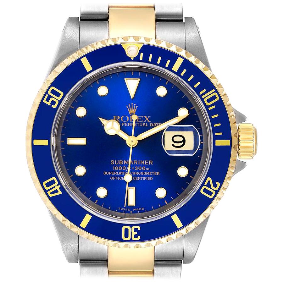 Rolex Submarine Blue Dial Steel Yellow Gold Men's Watch 16613 Box Papers For Sale