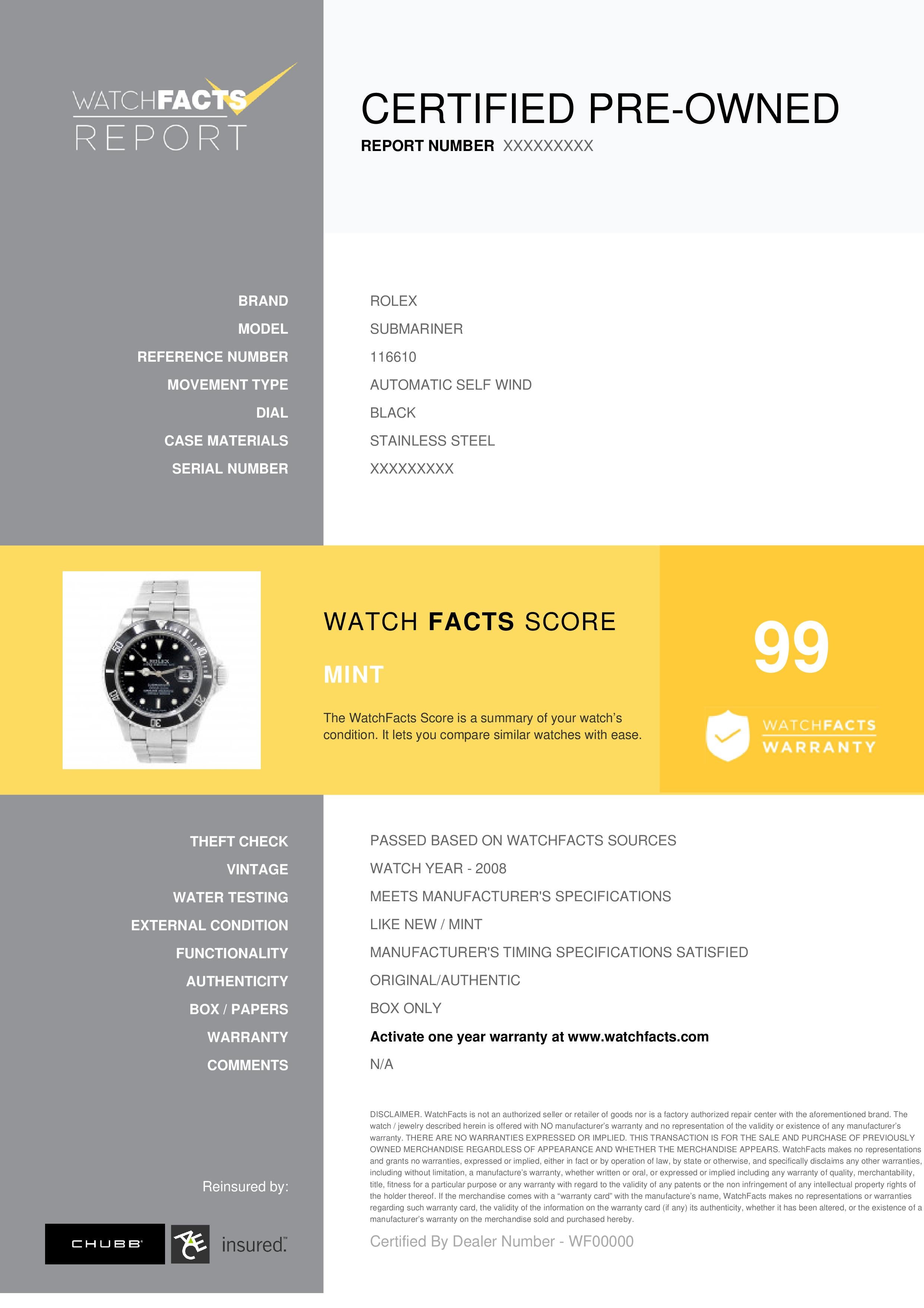 Rolex Submariner Reference #: 116610. Mens Automatic Self Wind Watch Stainless Steel Black 40 MM. Verified and Certified by WatchFacts. 1 year warranty offered by WatchFacts.
