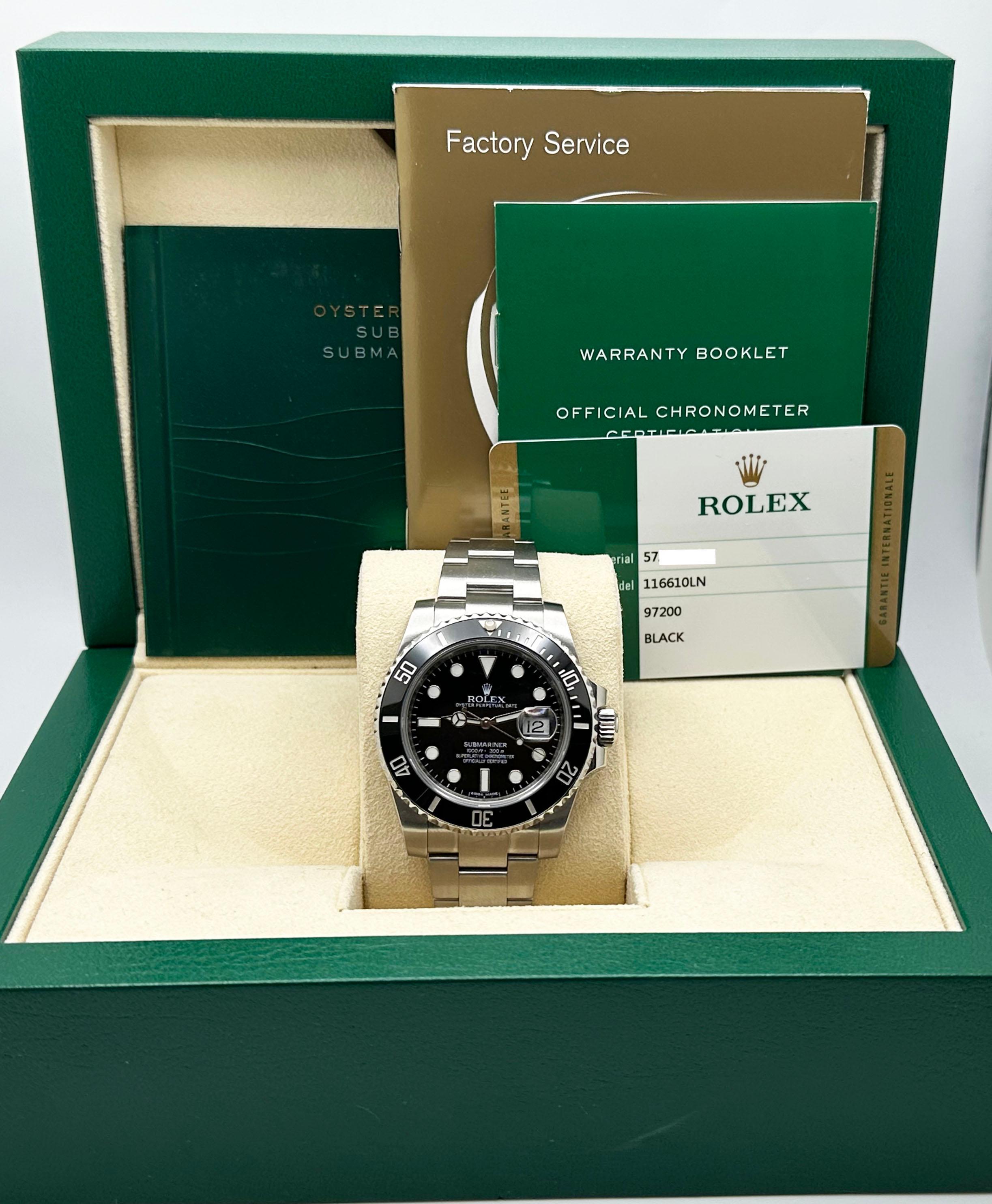 Style Number: 116610



Year: 2015

 

Model: Rolex Submariner 

 

Case Material: Stainless Steel 

 

Band: Stainless Steel 

  

Bezel: Black Ceramic 

  

Dial: Black 

 

Face: Sapphire Crystal 

 

Case Size: 40mm 


Includes: 

-Rolex Box &
