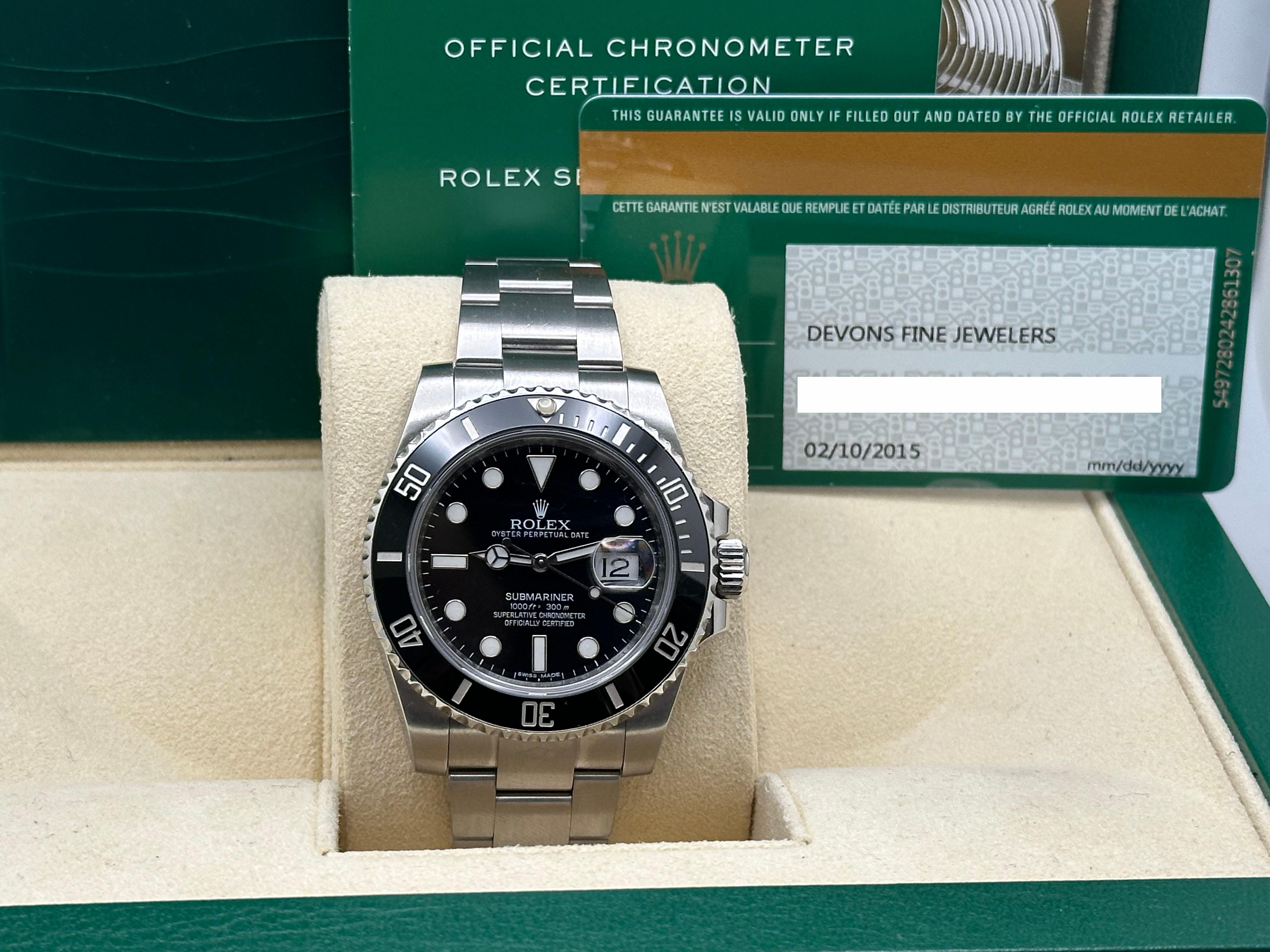 Women's or Men's Rolex Submariner 116610 40mm Black Ceramic Stainless Steel Box Paper 2015