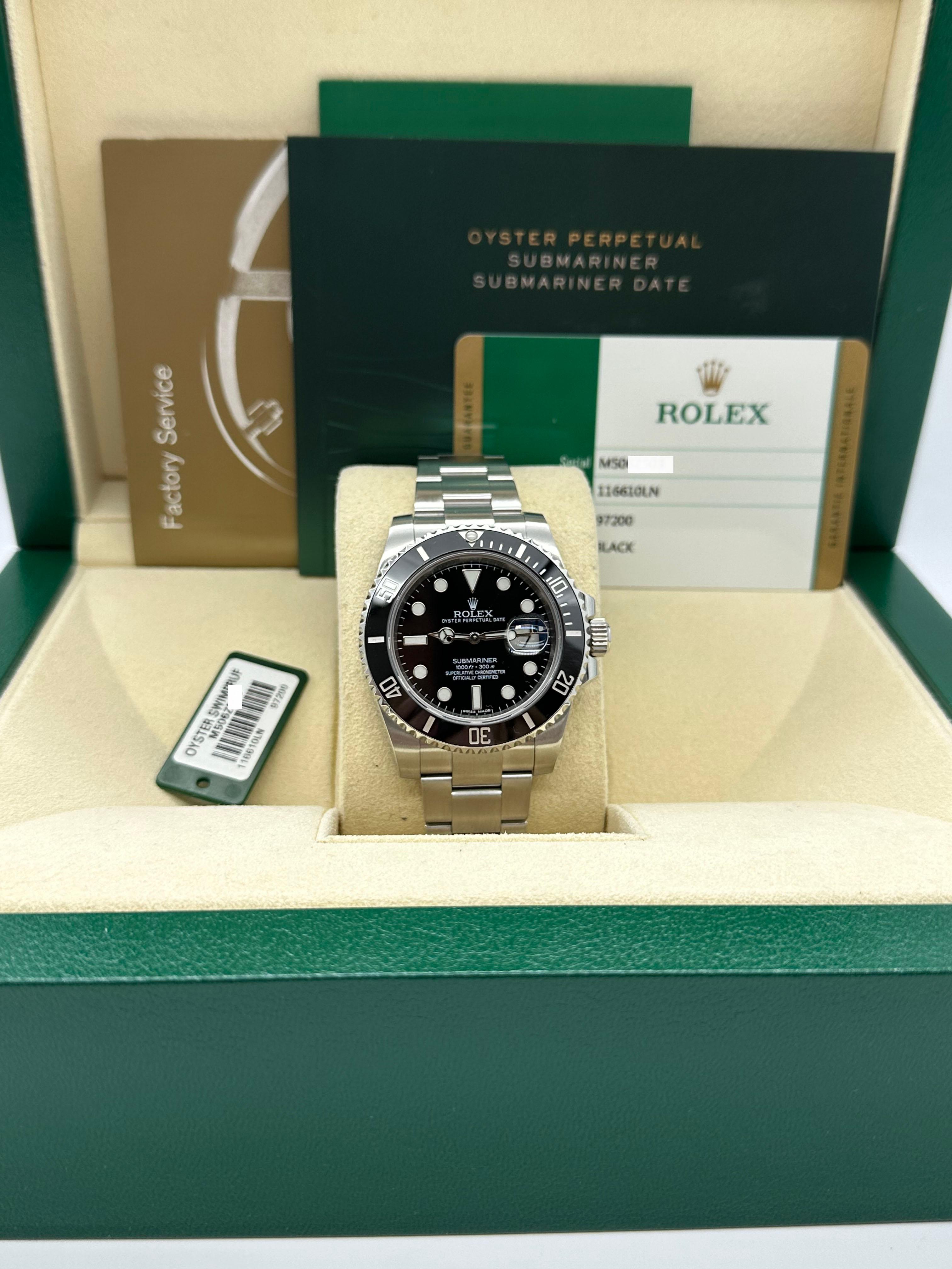 Style Number: 16610LN
Serial: M5062***
Year: 2014
Model: Submariner Date
Case Material: Stainless Steel 
Band: Stainless Steel 
Bezel: Black Ceramic
Dial: Black
Face: Sapphire Crystal 
Case Size: 40mm 

 Includes: 
-Rolex Box & Paper
-Certified