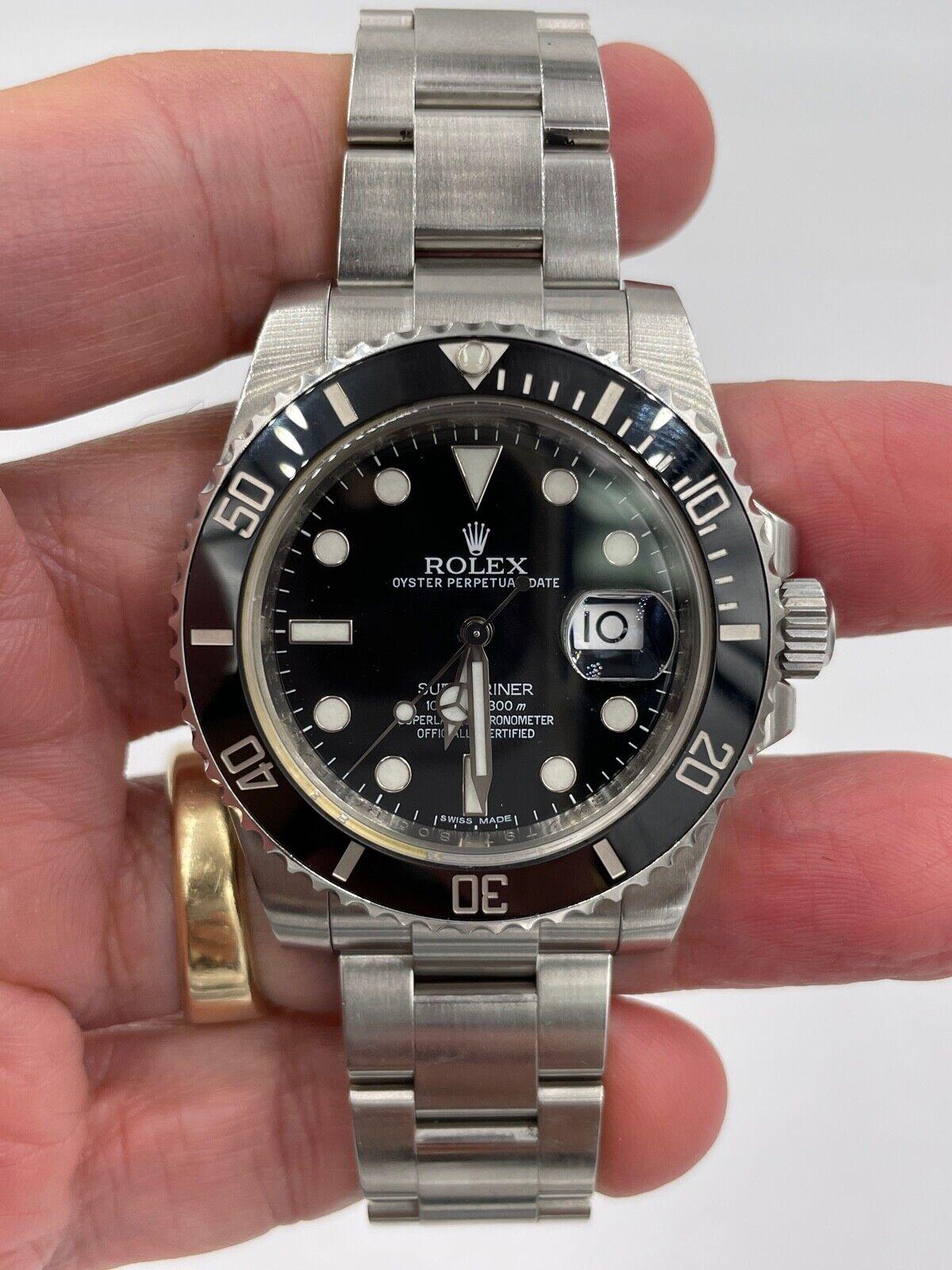 Rolex Submariner 116610 Oyster Perpetual Date Stainless Steel Wristwatch 2015.

ABOUT THIS ITEM: Rolex Submariner Black Dial and Bezel Stainless Steel 40mm. This watch is in very good condition unpolished with minimal signs of wear. A great watch to