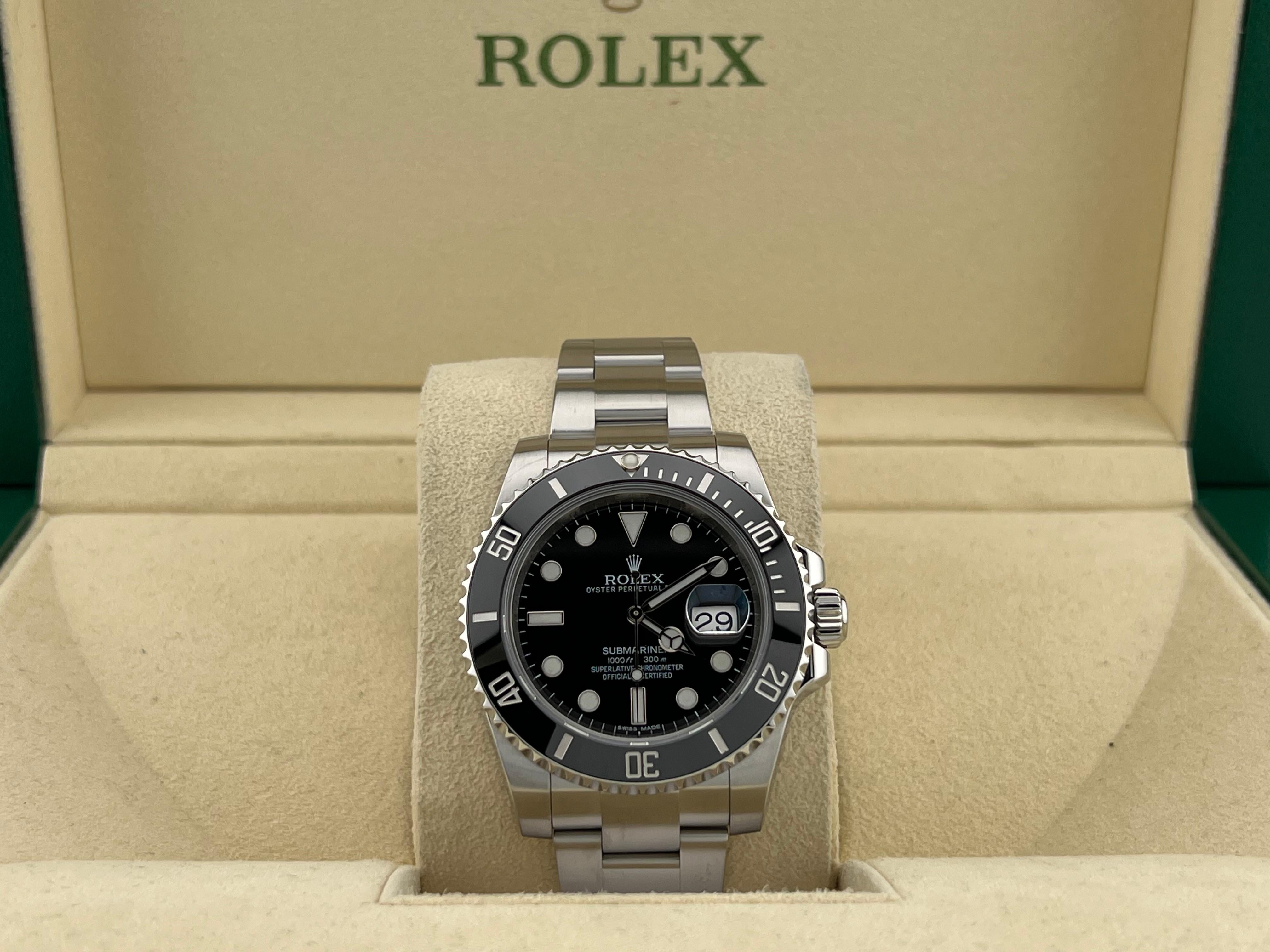 Style Number: 116610LN

 

Model: Rolex Submariner 

 

Case Material: Stainless Steel 

 

Band: Stainless Steel 

  

Bezel: Black Ceramic Bezel 

  

Dial: Black 

 

Face: Sapphire Crystal 

 

Case Size: 40mm 

 

Includes: 

-Rolex Box