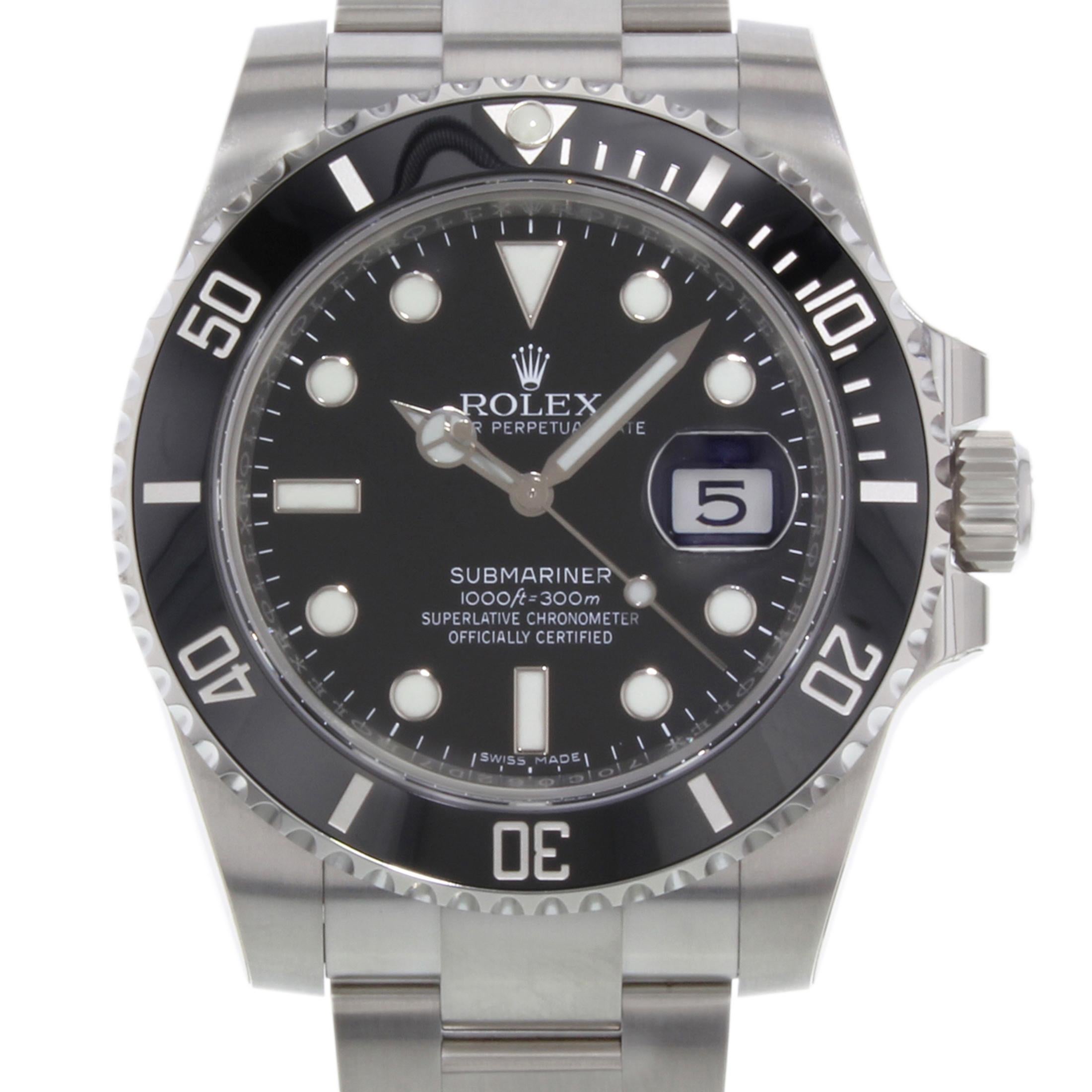 This brand new Rolex Submariner  116610  is a beautiful men's timepiece that is powered by an automatic movement which is cased in a stainless steel case. It has a round shape face, date dial and has hand sticks & dots style markers. It is completed