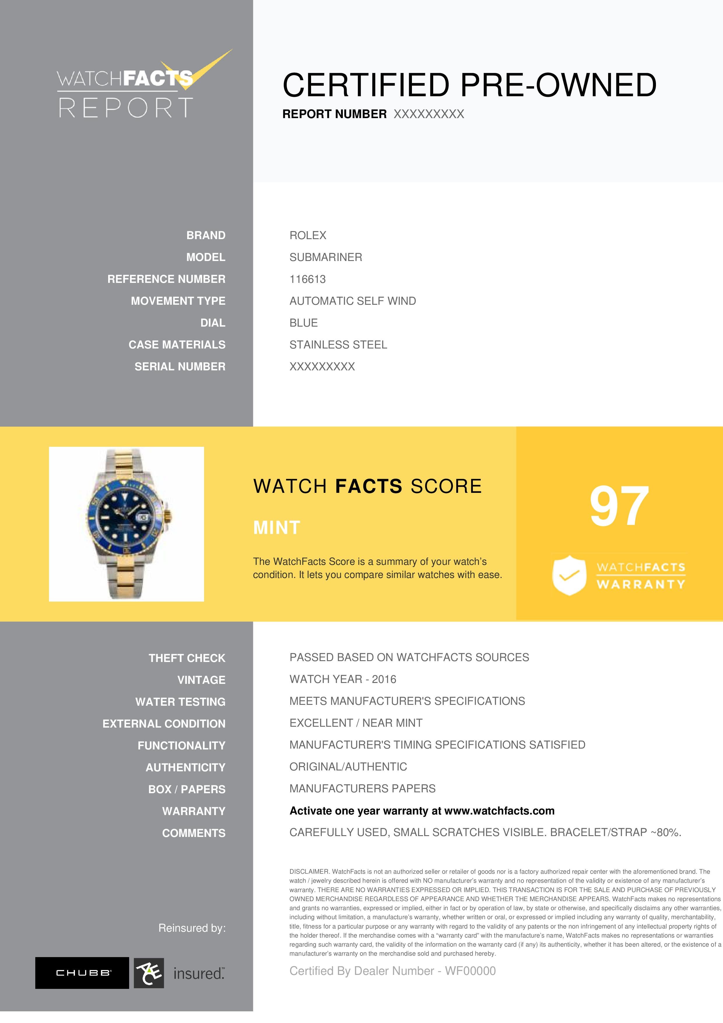 Rolex Submariner Reference #: 116613. Mens Automatic Self Wind Watch Stainless Steel Blue 40 MM. Verified and Certified by WatchFacts. 1 year warranty offered by WatchFacts.

