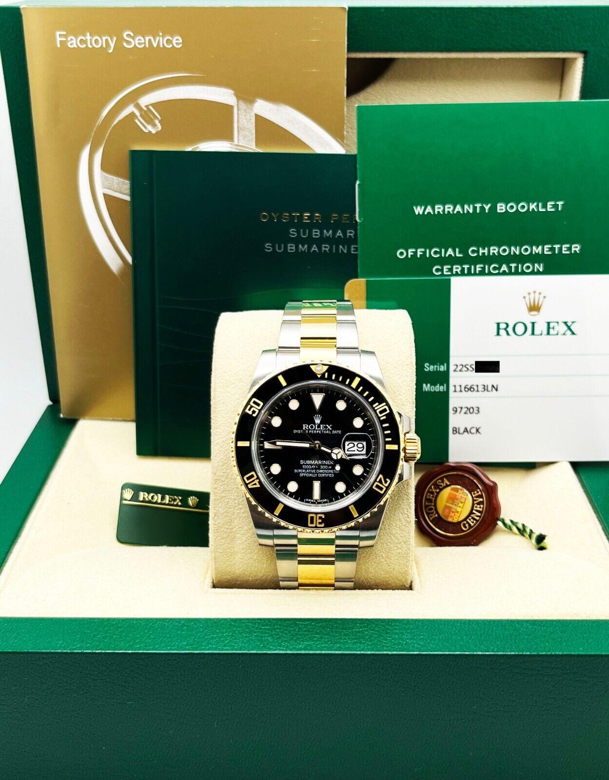 Style Number: 116613

Serial: 22SS5*** 

Year: 2015
 
Model: Submariner
 
Case Material: Stainless Steel
 
Band: 18K Yellow Gold & Stainless Steel
 
Bezel: Black Ceramic
 
Dial: Black 
 
Face: Sapphire
 
Case Size: 40mm
 
Includes: 
-Rolex Box &
