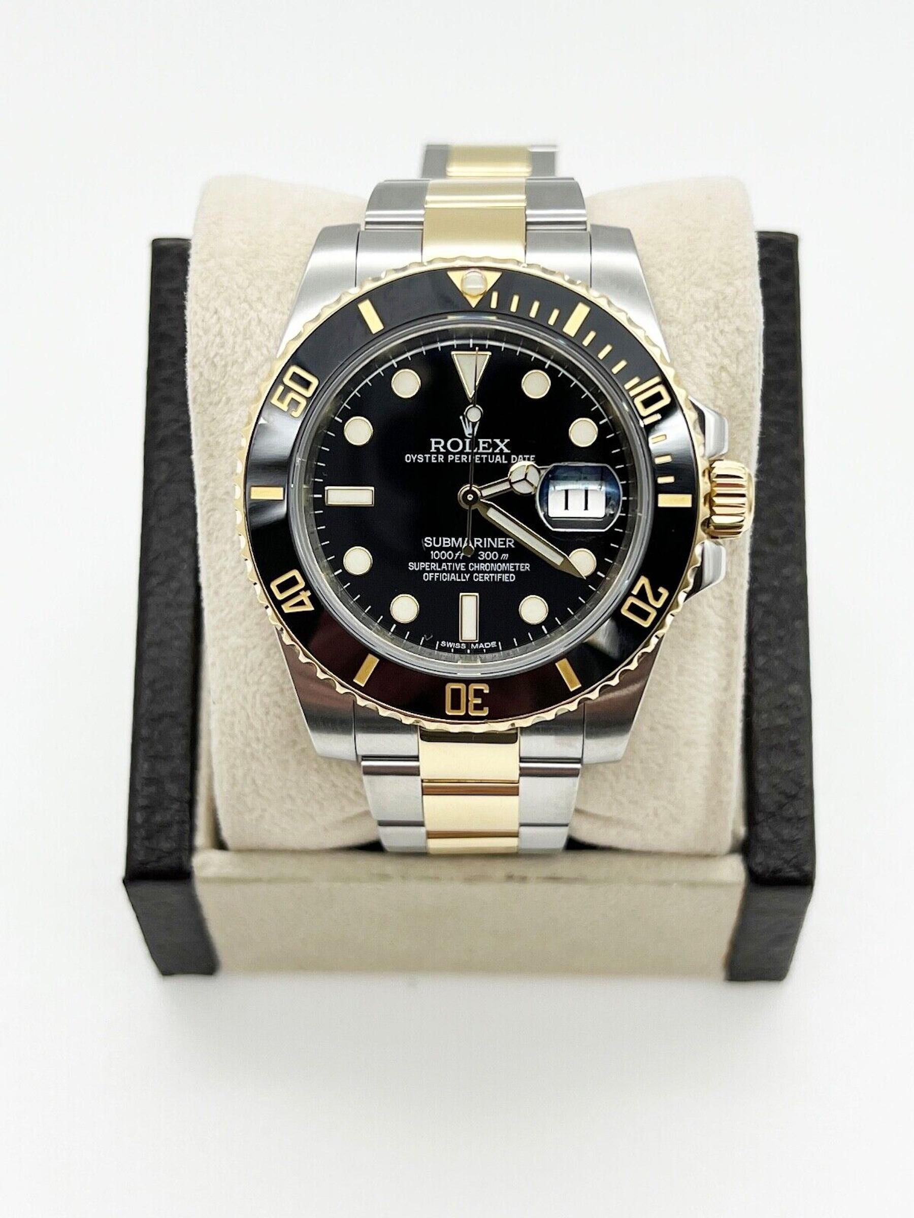 Style Number: 116613

Serial: 797R7***

Model: Submariner 

Case Material: Stainless Steel 

Band: 18K Yellow Gold & Stainless Steel 

Bezel: Black Ceramic Bezel 

Dial: Black 

Face: Sapphire Crystal 

Case Size: 40mm 

Includes: 

-Rolex Box &