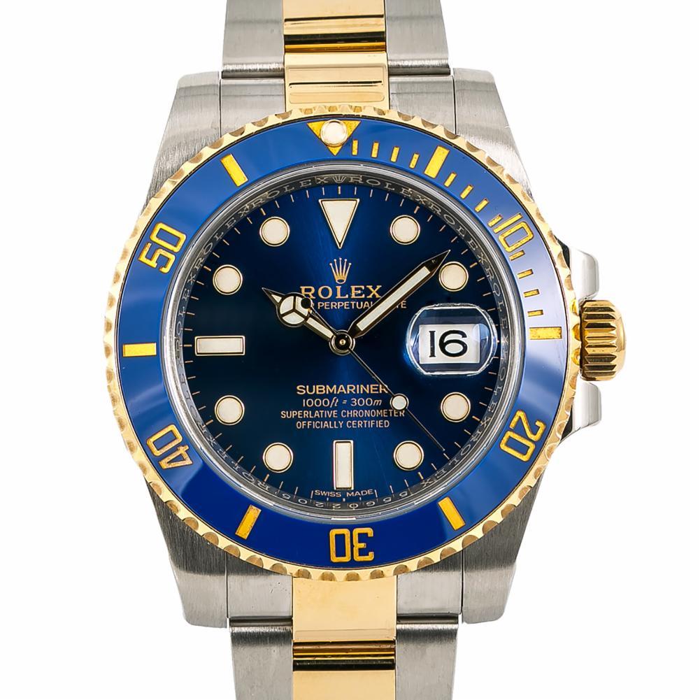 Rolex Submariner 116613 Ceramic Blue Automatic Watch 18k Two-Tone with Papers In Excellent Condition In Miami, FL
