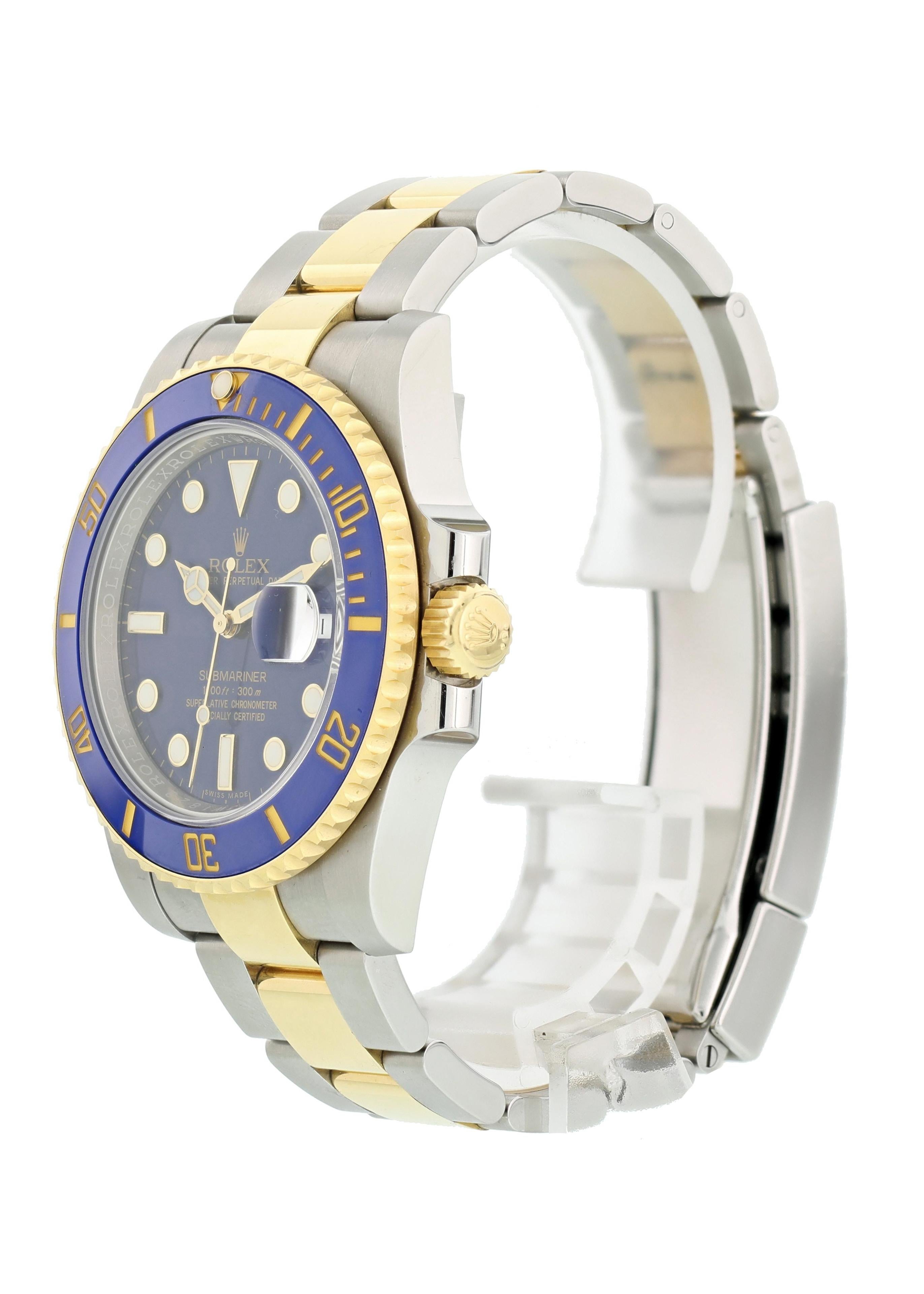 Rolex Oyster Perpetual Date Submariner 116613 Mens Watch. 40mm Stainless steel case. Unidirectional rotating 18K yellow gold bezel with a blue ceramic top ring. Blue dial with yellow gold-tone hands and luminous dot hour markers. Minute markers