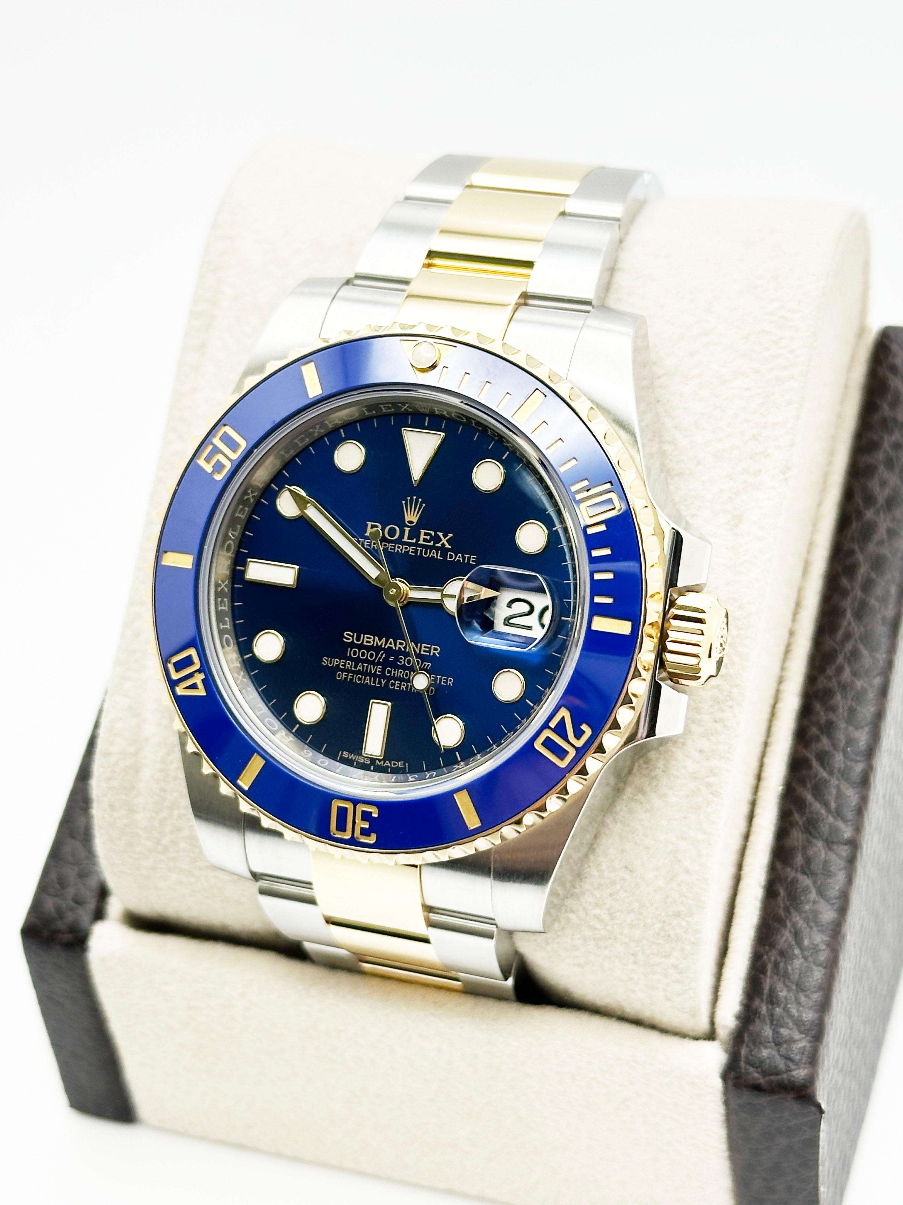 Rolex Submariner 116613LB Blue Ceramic 18K Yellow Gold Stainless Steel Box Paper In Excellent Condition For Sale In San Diego, CA